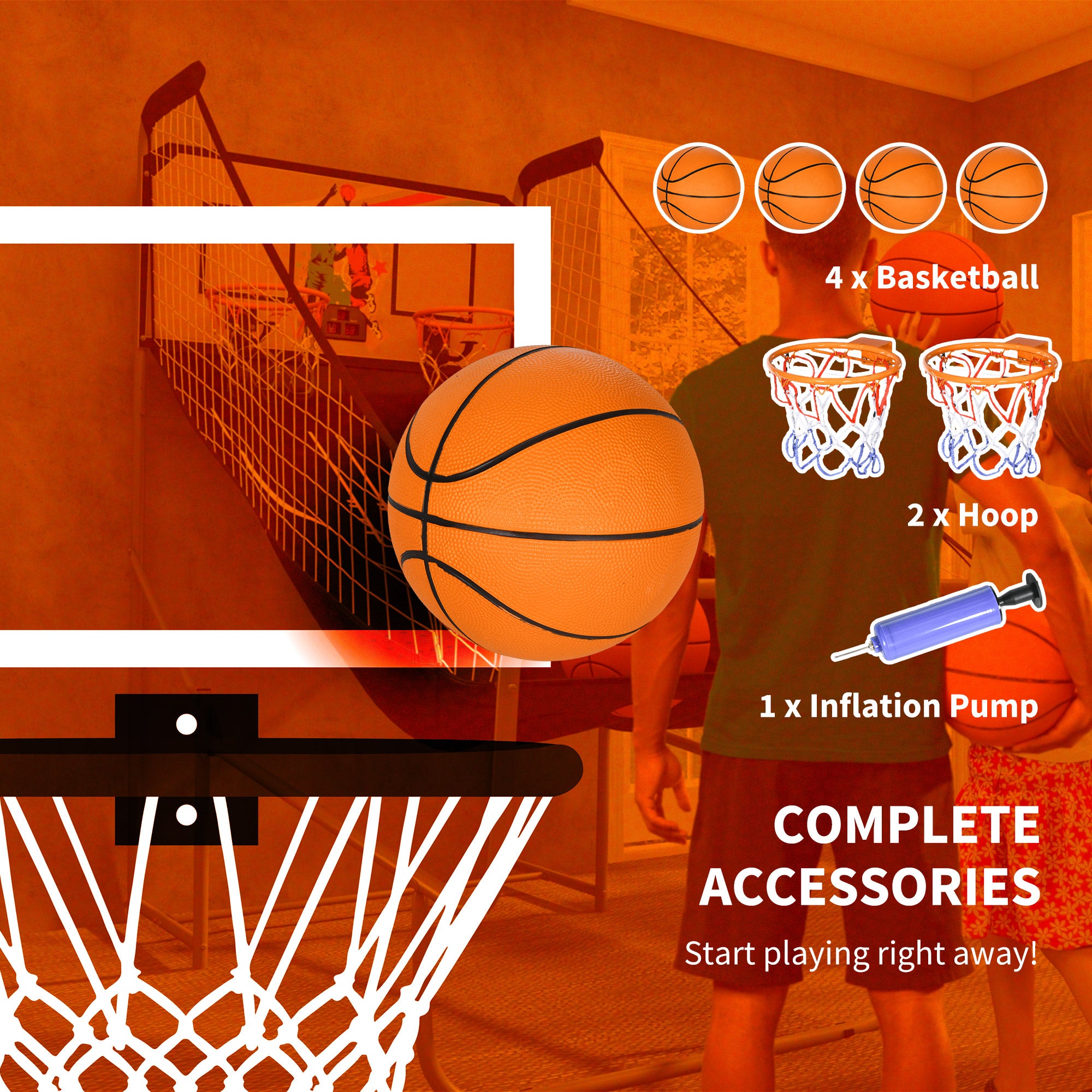 Foldable Double-Hoop Basketball Arcade Game, with Eight Modes, Four Basketballs, Electronic Scoreboard, Sound Effects