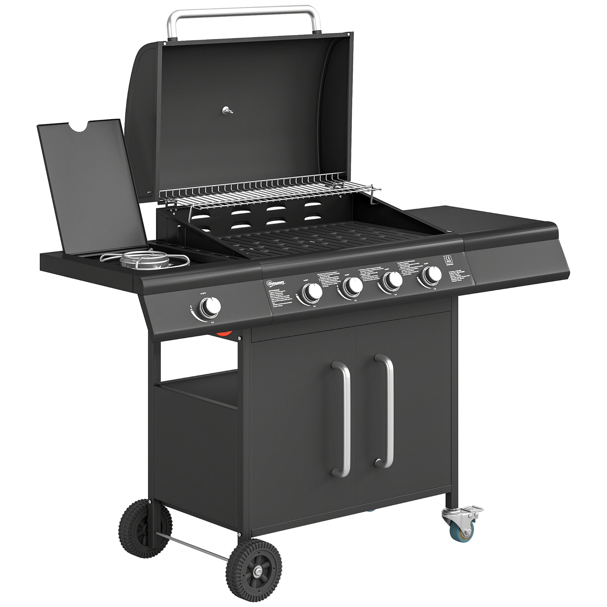 4+1 Burner Gas BBQ Grill with Storage Cabinet, 15.2 kW Gas Barbecue Trolley with Side Table, 4 Wheels, Warming Rack