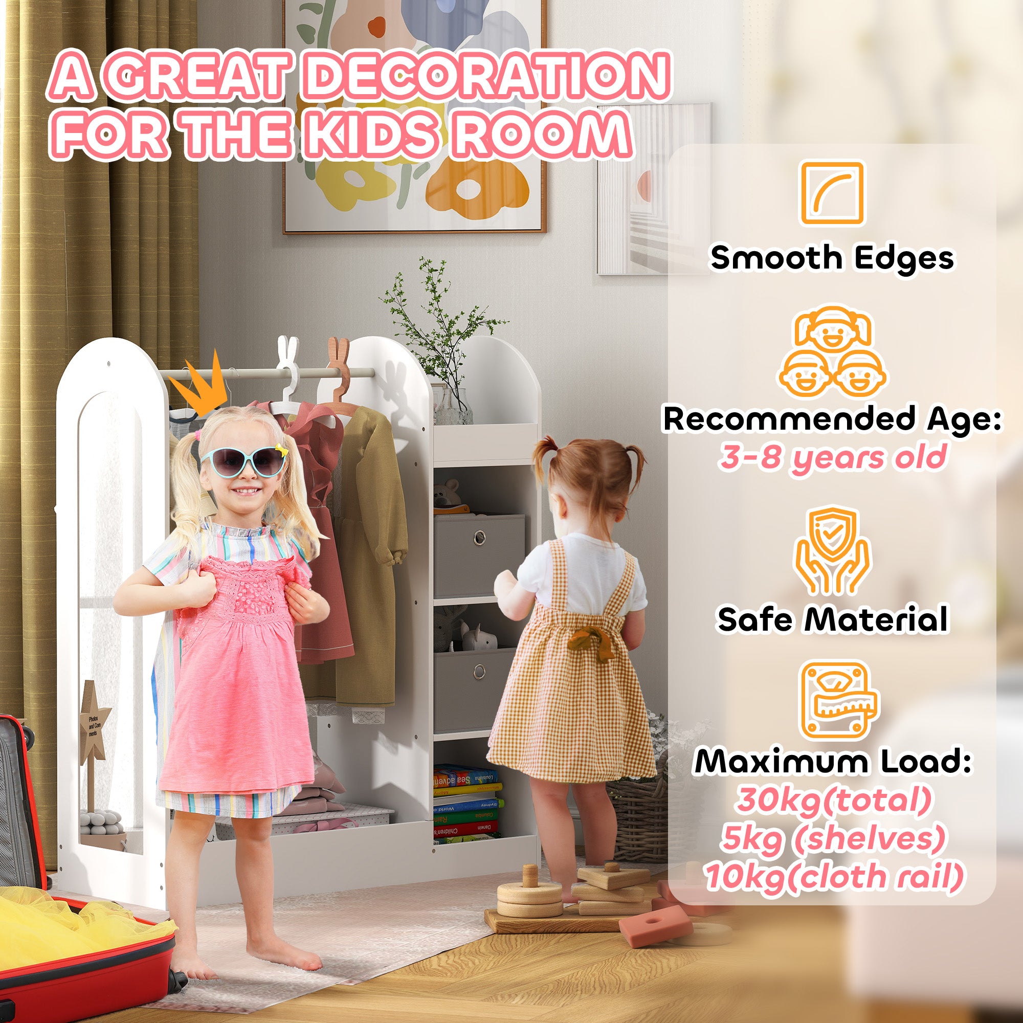 Kids Clothes Rail with Storage Shelf, Boxes & Mirror for Bedroom Nursery - White
