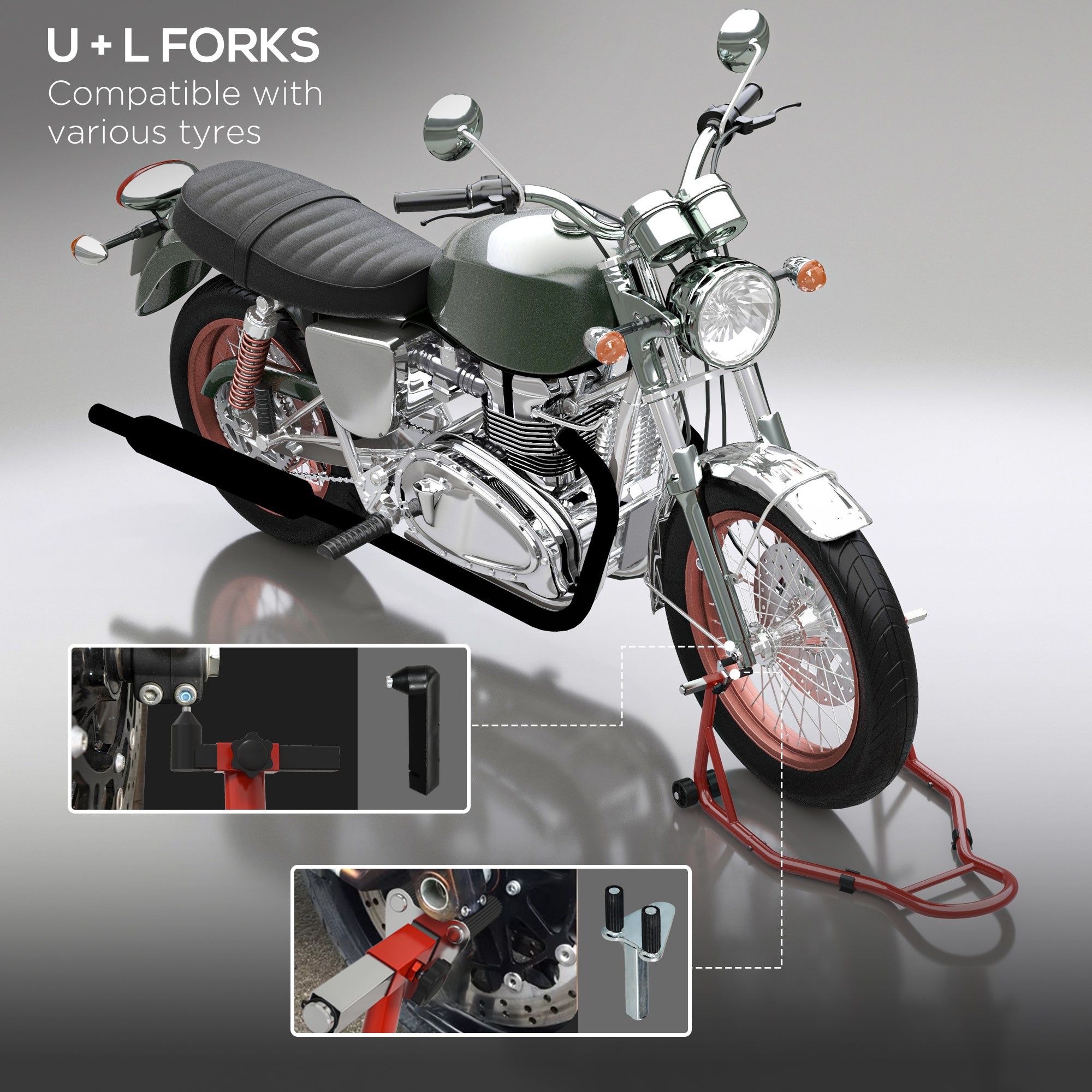 Rear Motorcycle Paddock Stand Motorbike Stand with Anti-Slip Mat, U-Shaped and L-Shaped Adapters, 200 kg Capacity, for 18", 17" and 10" Tyre, Red