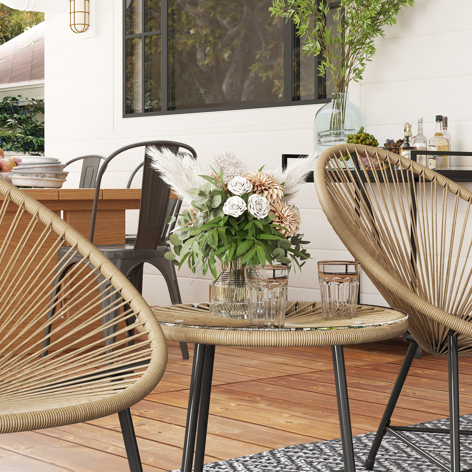 3 Pieces Rattan Bistro Set with Acapulco Chairs and Glass Top Table for Outdoor Patio Balcony - Natural