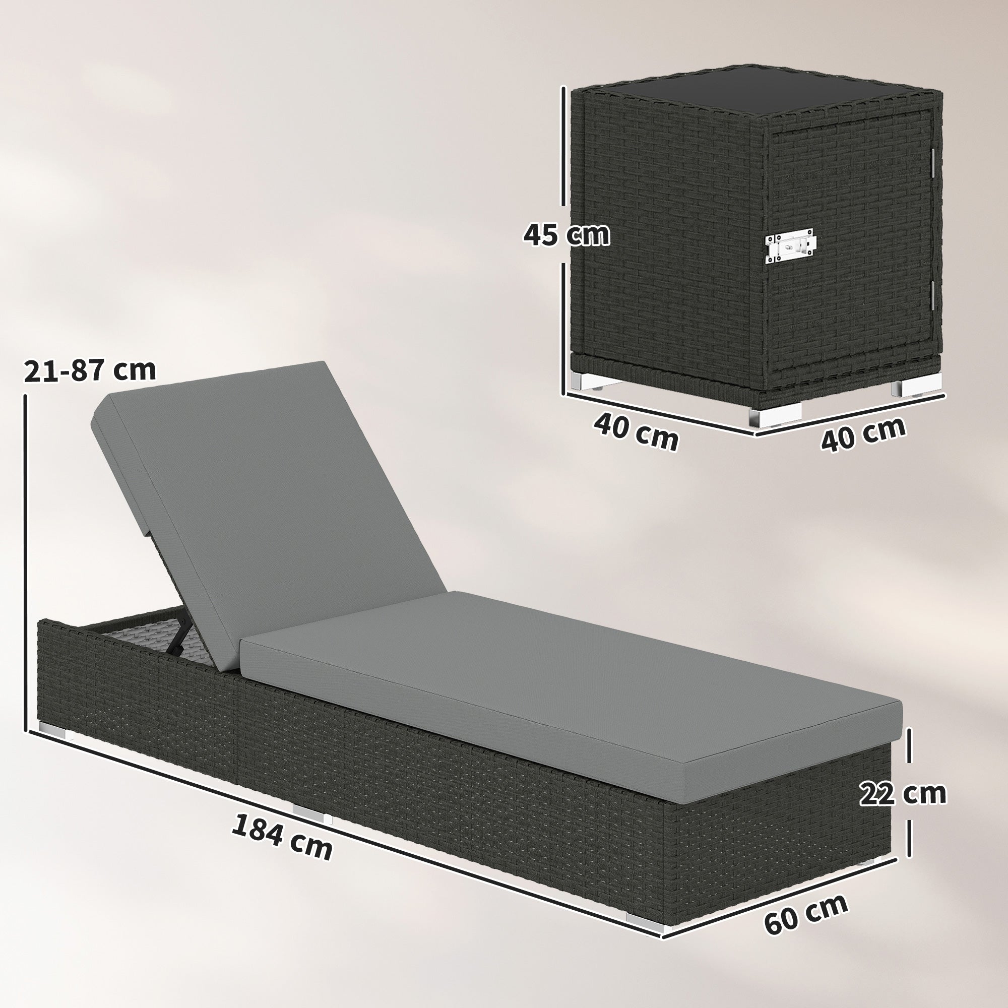 Rattan Sun Loungers Set of 2 with Side Table, Garden Recliner Sunbeds with Adjustable Back, Cushions, Dark Grey
