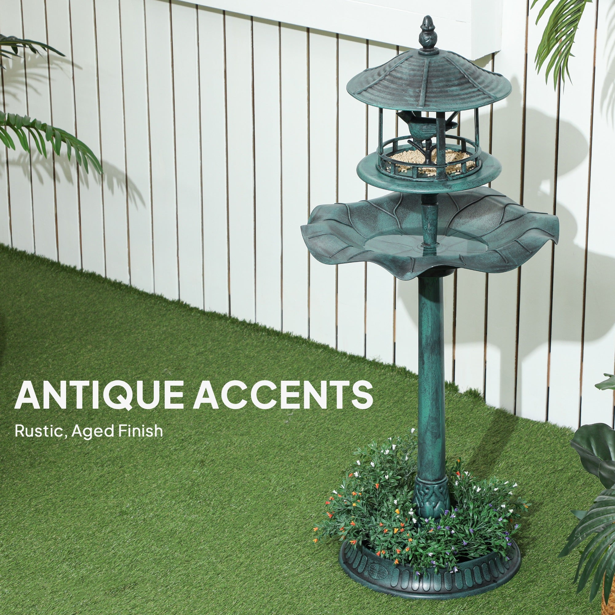 3-in-1 Garden Bird Bath, Freestanding Birdbath with Large Water Basin, Underneath Flower Planter, Φ50 x 113 cm, Green