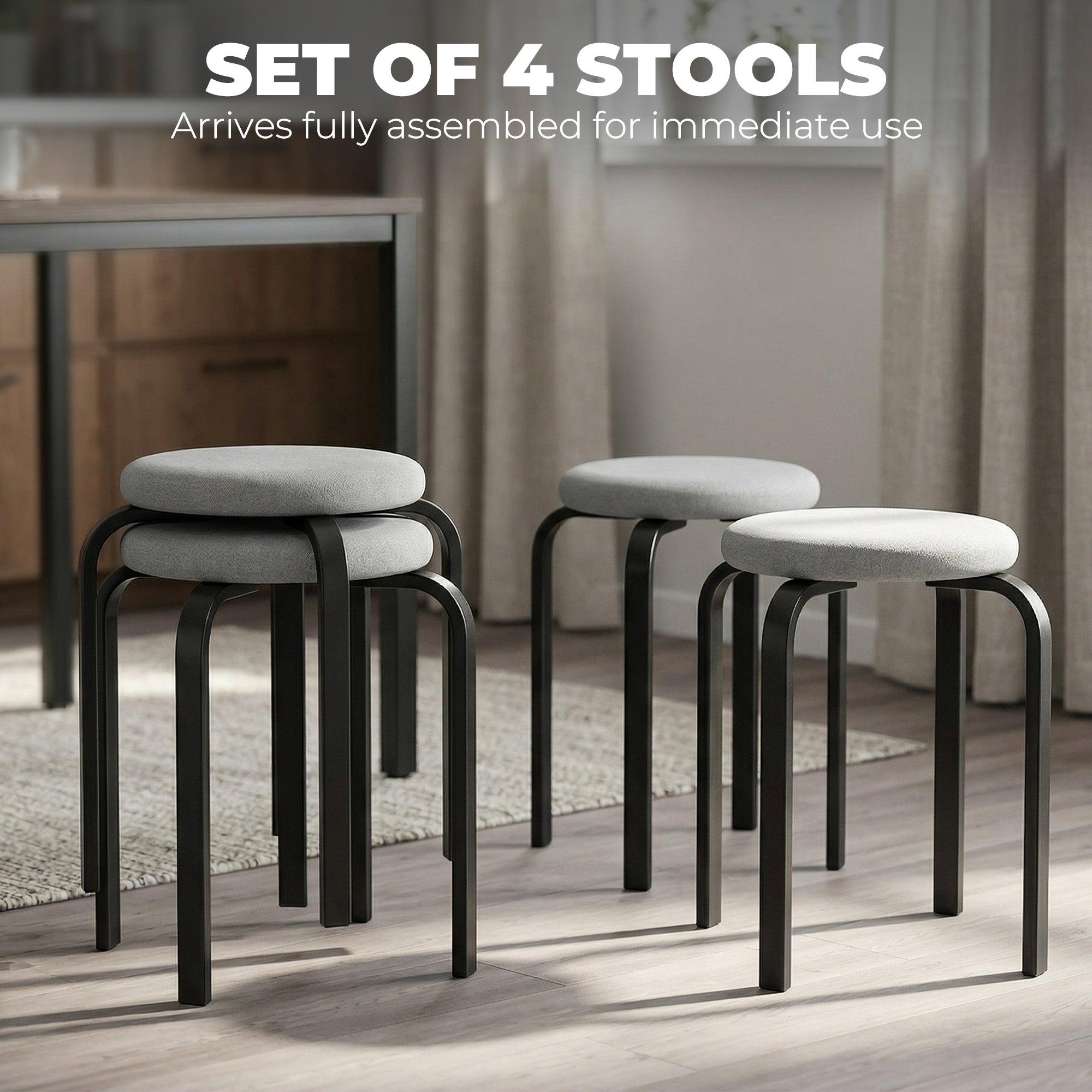 Stackable Stools Modern Cushioned Round Backless Stools Set of 4 Kitchen Dining Room Grey