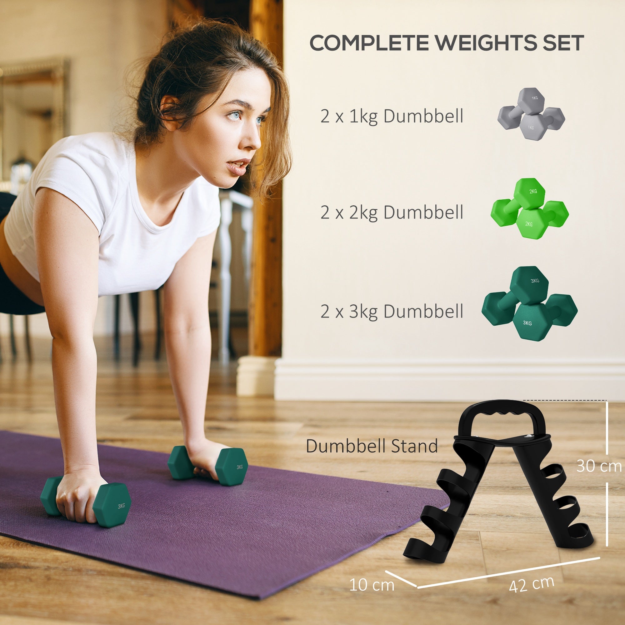 Dumbbells Set with Carry Storage Rack, Set of 6 Weights for Home Gym Kettlebell Training Weight Lifting Exercise, 2 x 1kg, 2 x 2kg, 2 x 3kg