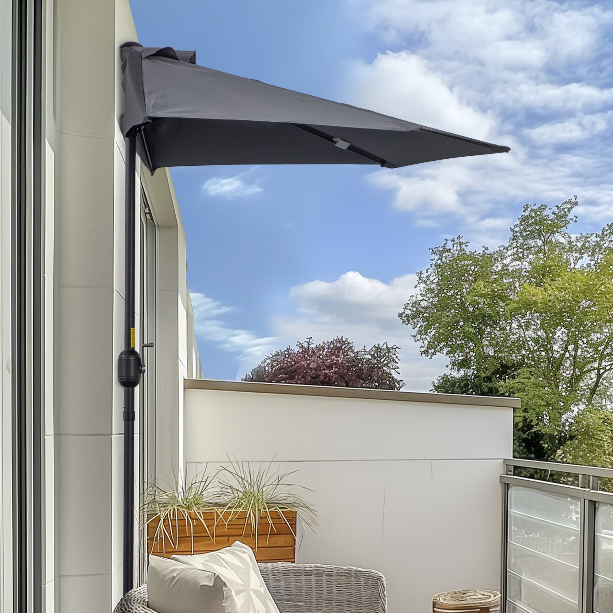 2.7m Garden Half Parasol, Outdoor Balcony Umbrella with 5 Steel Ribs, Patio Sun Shade, Grey