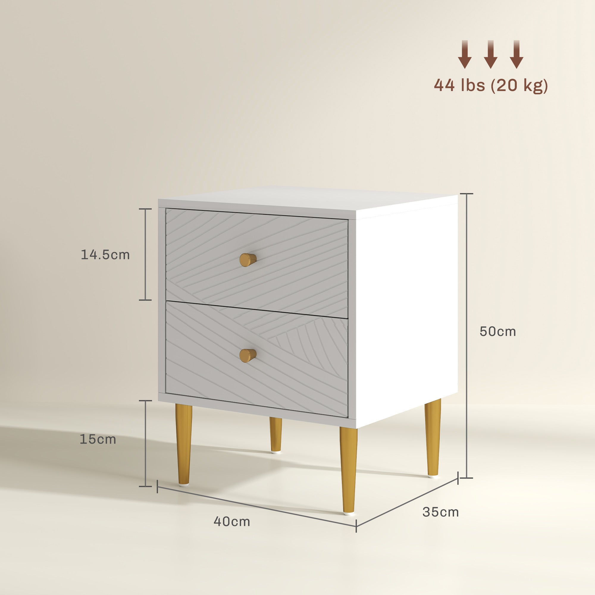 Two-Drawer Bedside Table with Gold-Tone Handles and Legs - White