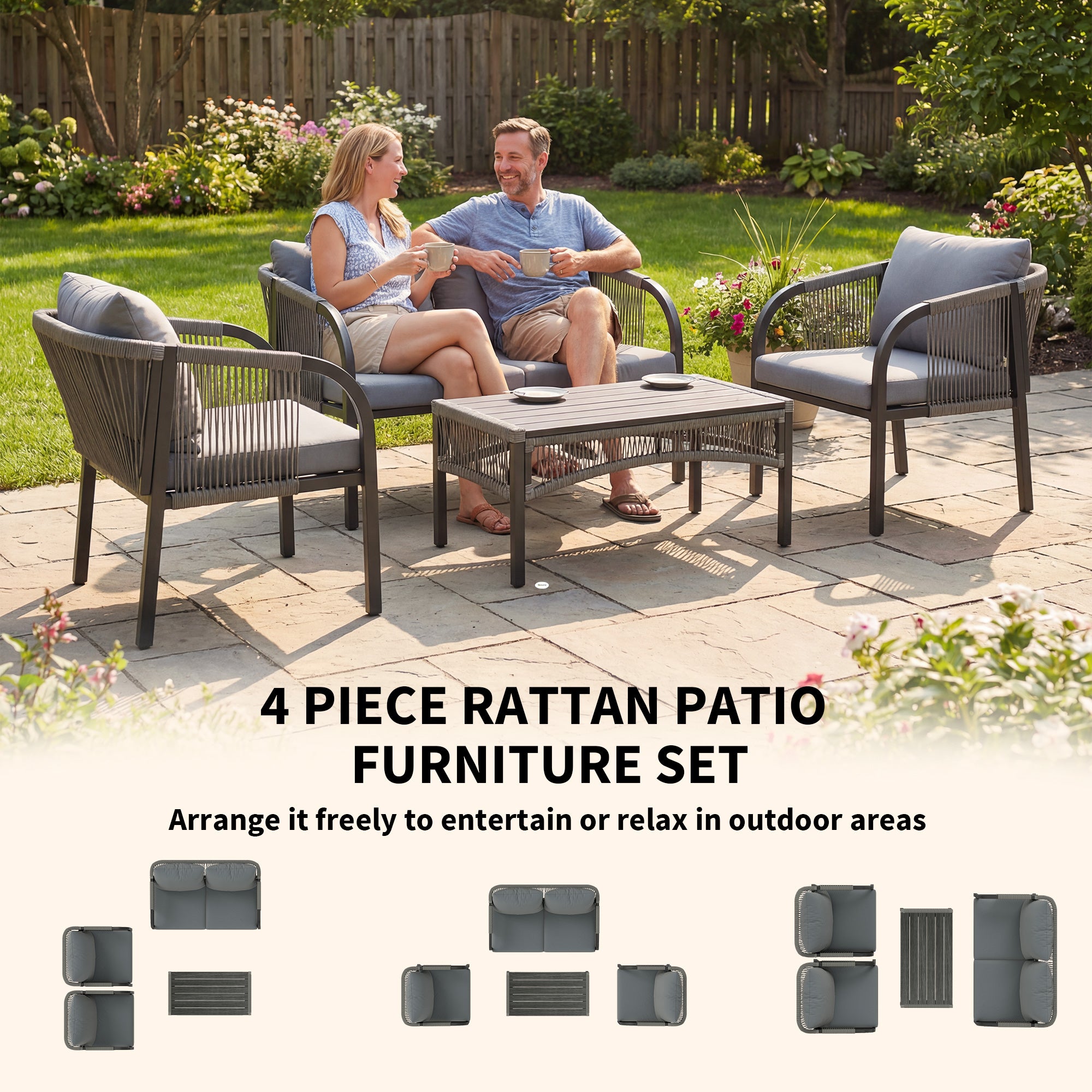 4 Piece Rattan Garden Furniture Set with Loveseat, Armchairs, Table, Steel Frame Wicker Patio Conversation Set, Grey
