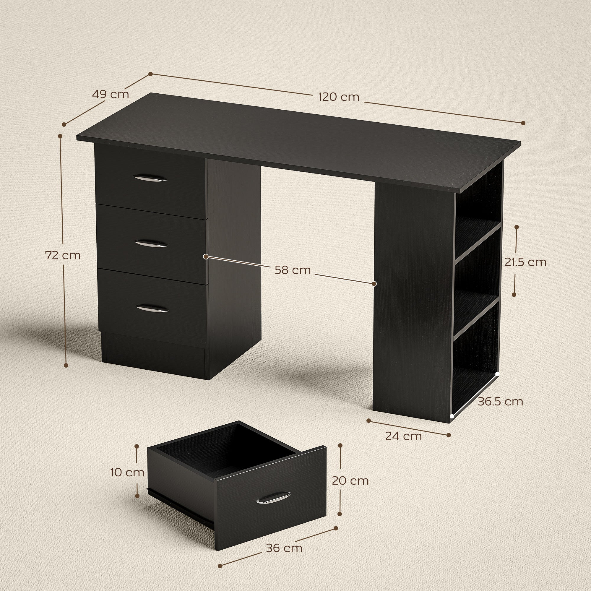 Computer Desk with Drawers, Home Office Desk, Writing Table, PC Workstation with 3 Storage Shelves for Working, Study, 120 x 49 x 72 cm, Black