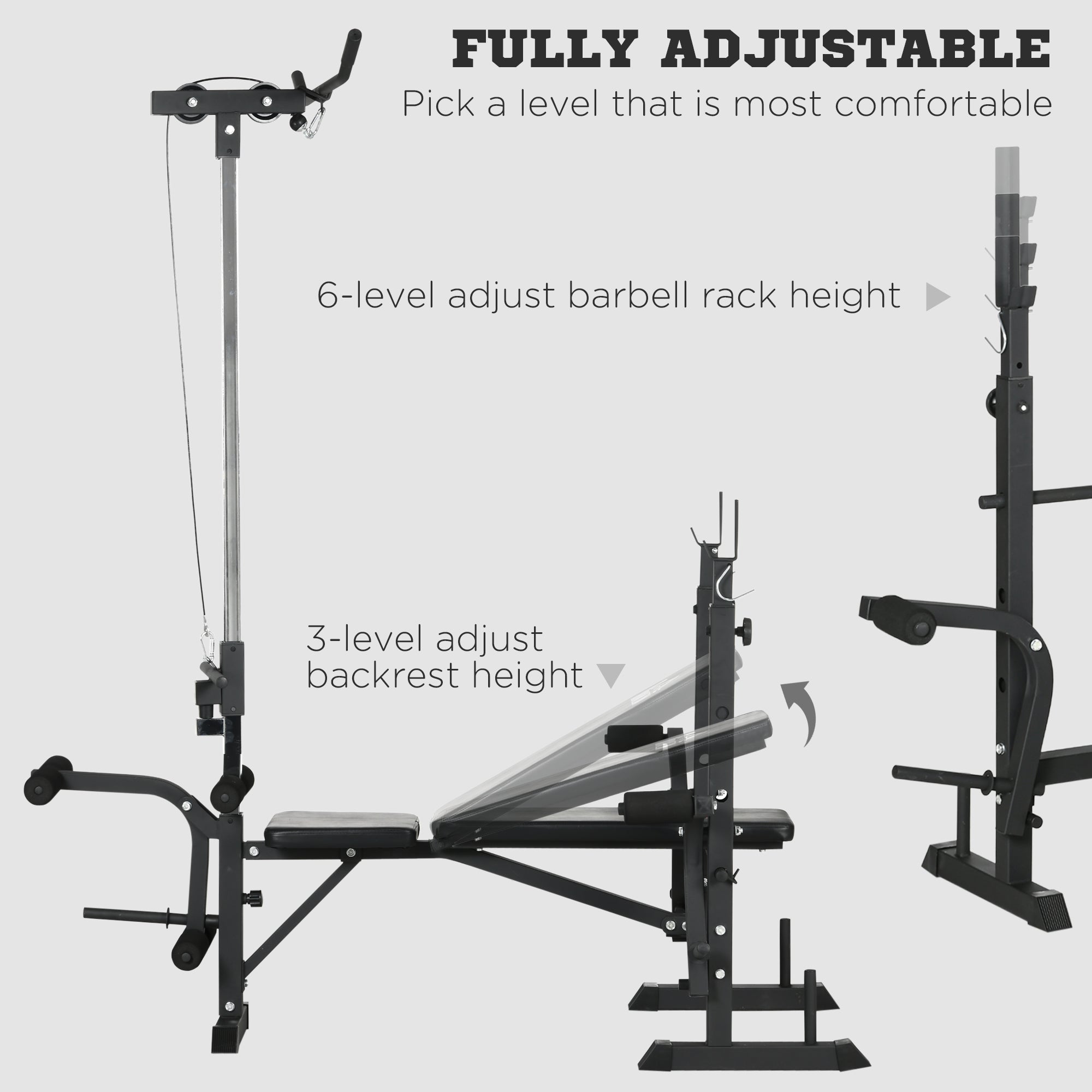 Adjustable Weight Bench with Pulley System, Incline Bench Press Set with Squat Rack, Leg Developer, Butterfly and Weight Storage, for Home Gym Full Body Workout