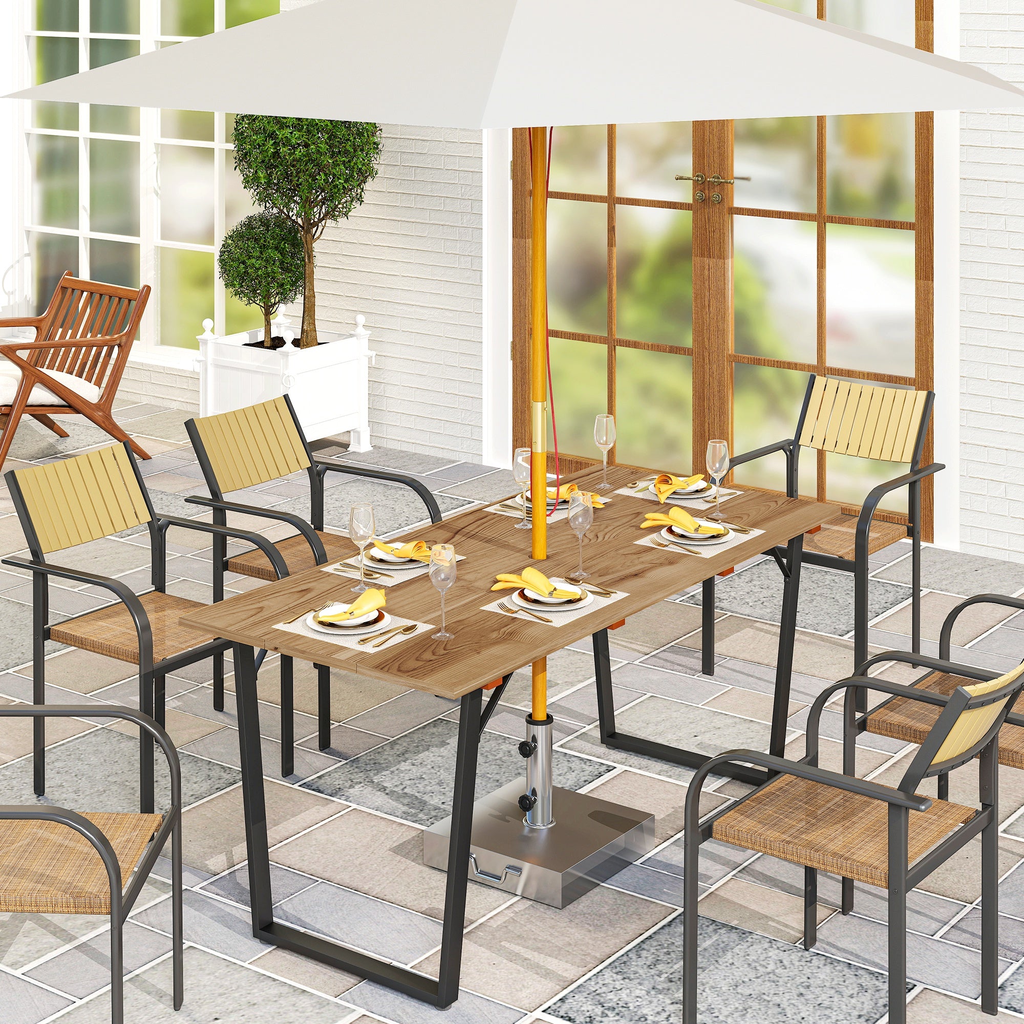 6 Seater Wooden Garden Dining Table, 175 x 80 cm Rectangular Outdoor Dining Table with 5cm Parasol Hole and Slatted Top, Weather Resistant for Patio, Terrace, Brown