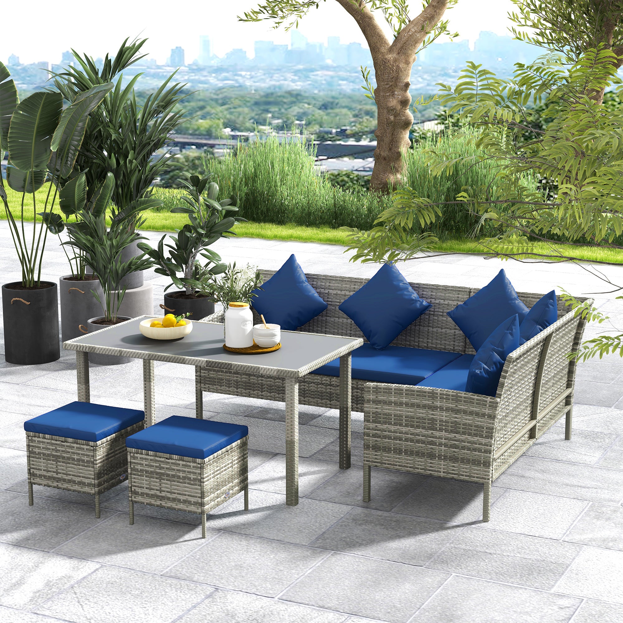 5 Piece Rattan Garden Furniture Dining Set with Cushions - Dark Blue