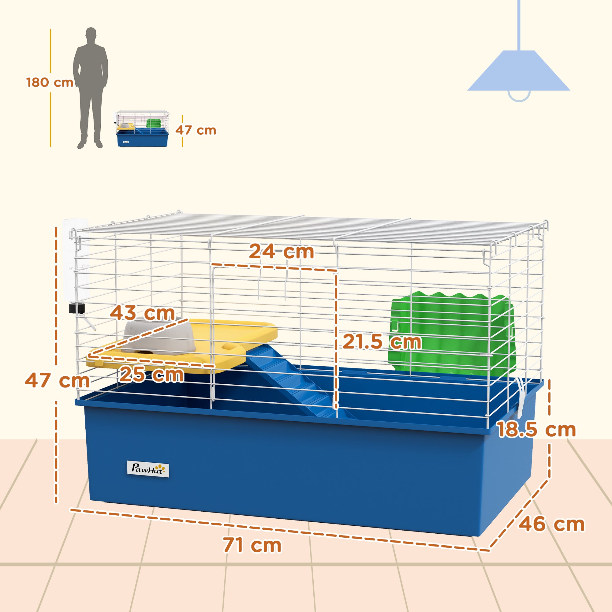Chinchillas Small Rabbit Guinea Pig Small Animal Cage, Pet Playhouse, with Platform, Ramp, 71 x 46 x 47cm, Blue