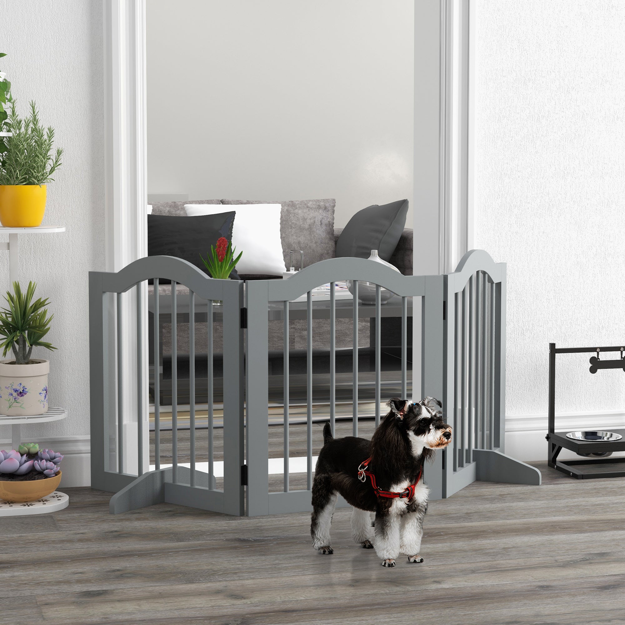 3 Panels Dog Gate w/ Support Feet Fence Safety Barrier Freestanding Wood Light Grey