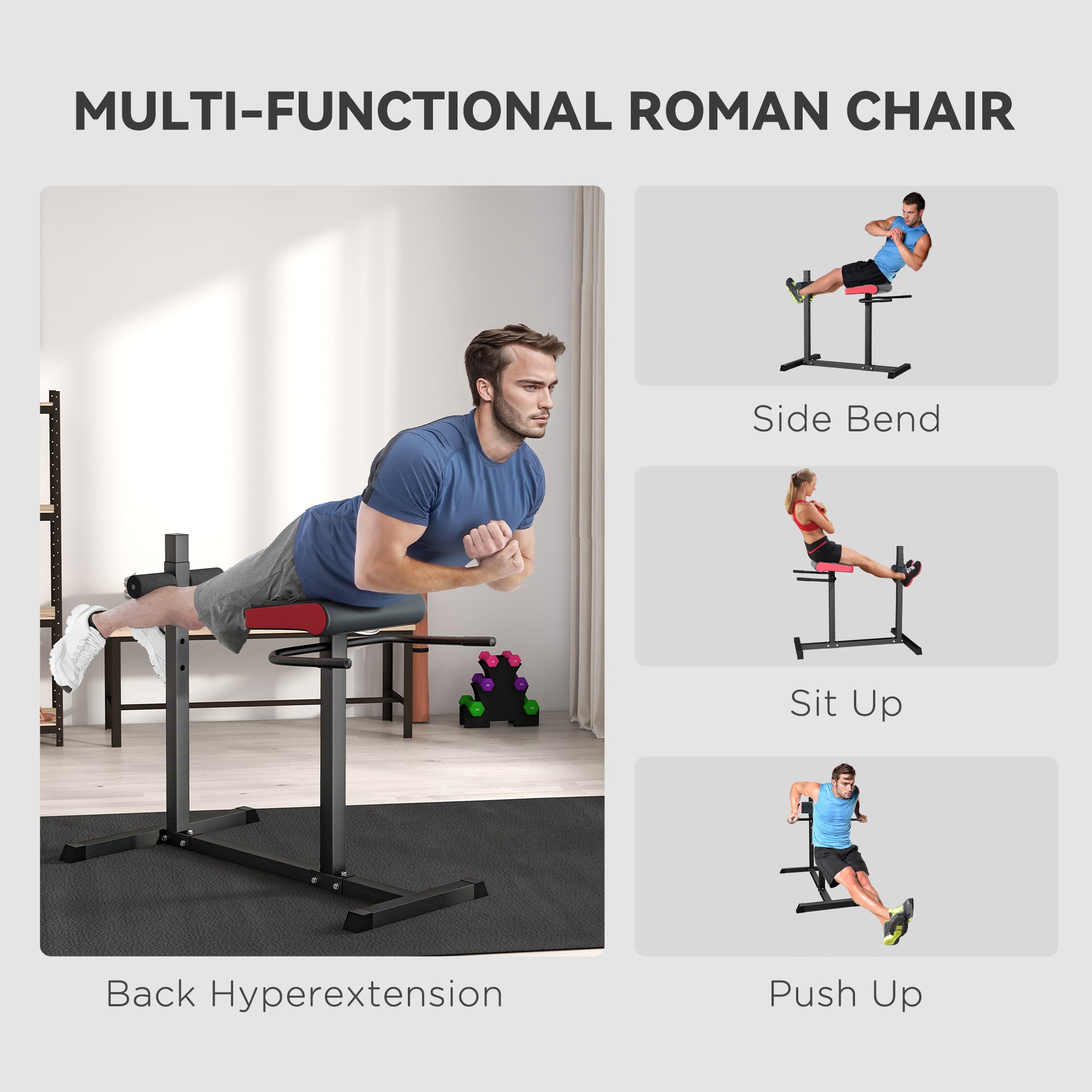 Back Extension Roman Chair, Hyperextension Bench with Adjustable Leg Roller for Back, Abdominal and Gluteal Training