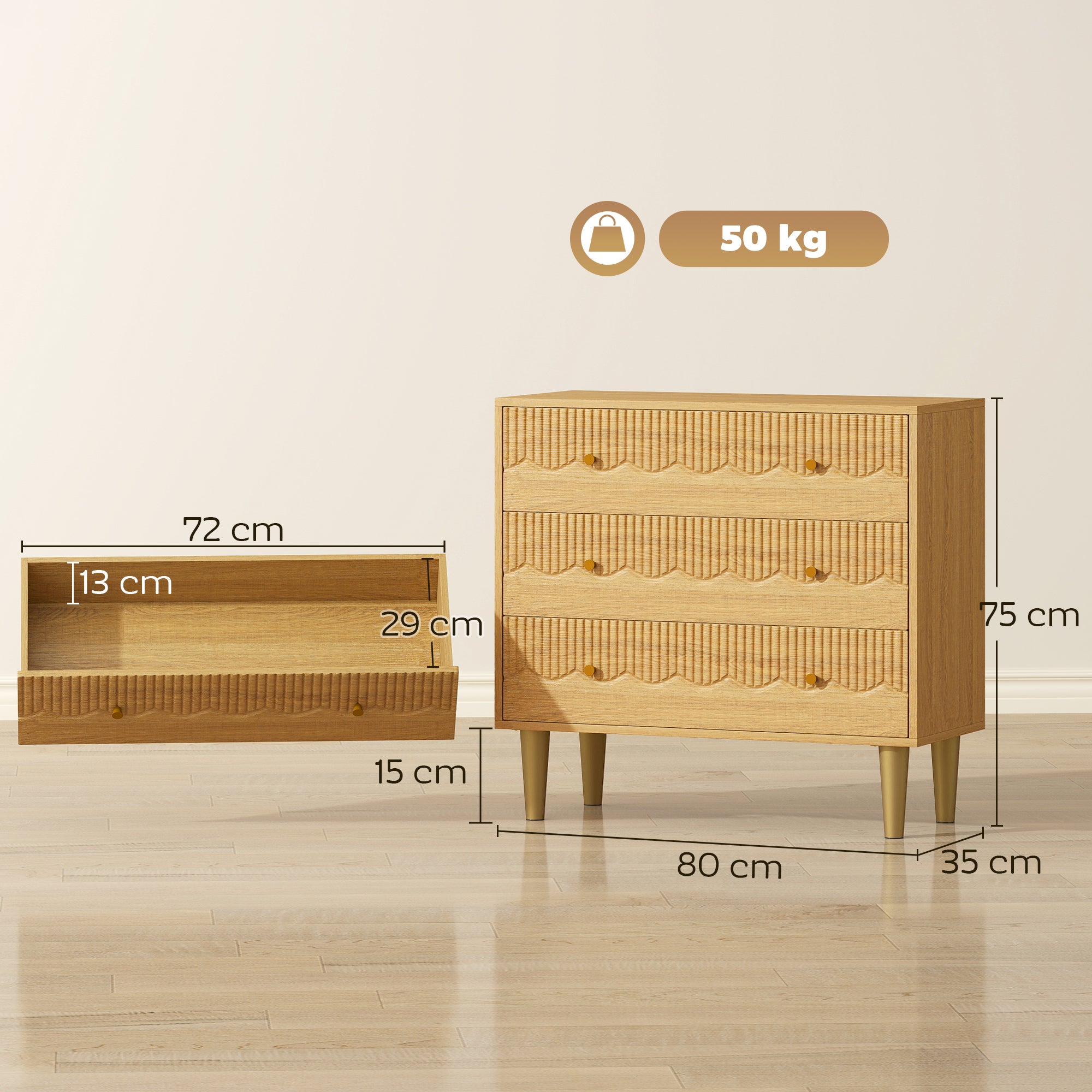 Dresser for Bedroom 3 Drawer Chest of Drawers with Steel Frame for Living Room in Oak
