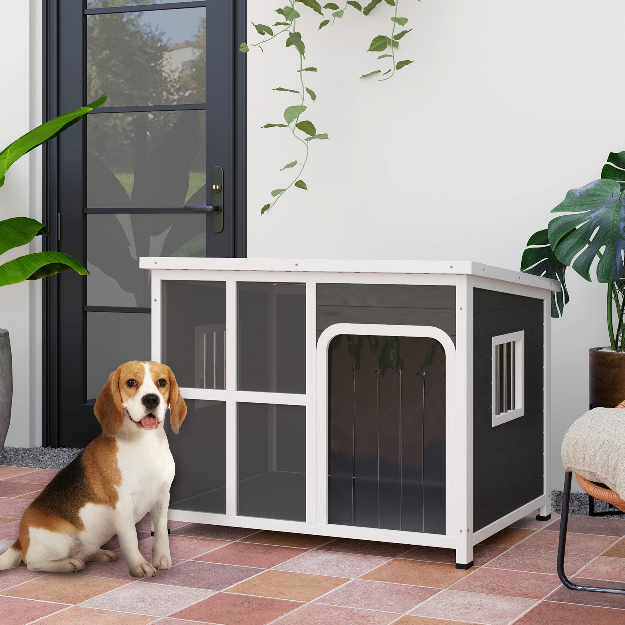 Wooden Dog House Outdoor with Asphalt Openable Top, Removable Floor, Clear Front Panel, Curtain, 103 x 77 x 83cm