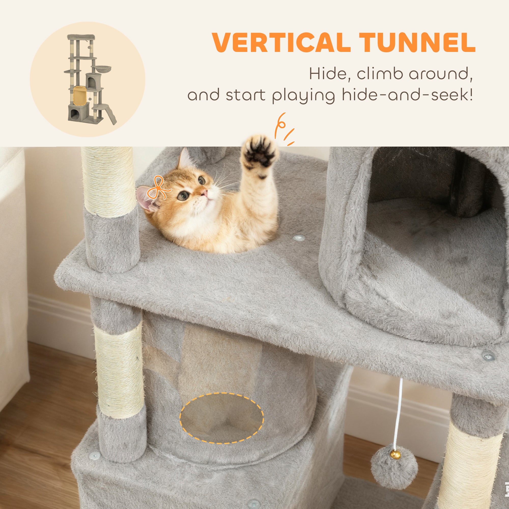 170 cm Large Cat Tree, Cat Tower with 7 Scratching Posts, 2 Condos, Hammock, Light Grey