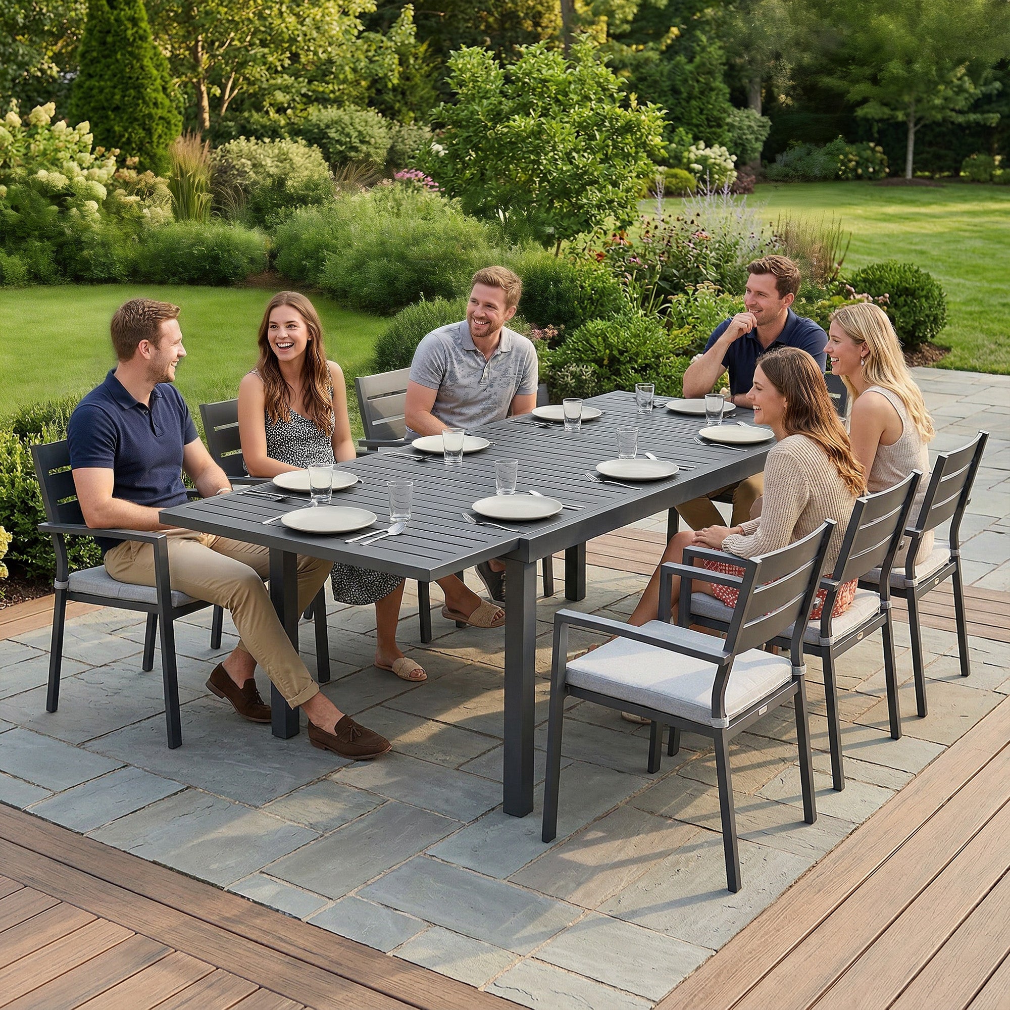 Extending Garden Table for 6-8 People, Full Aluminium Outdoor Dining Table with Slatted Top, Dark Grey