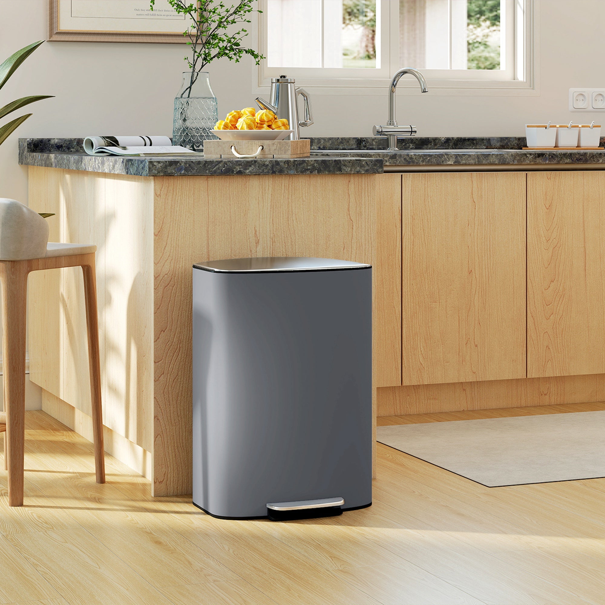 50L Kitchen Bin with Soft-Close Lid and Stay-Open Function, Stainless Steel Pedal Bin with Removable Inner Bucket, Carry Handle for Kitchen, Office, Home, Grey