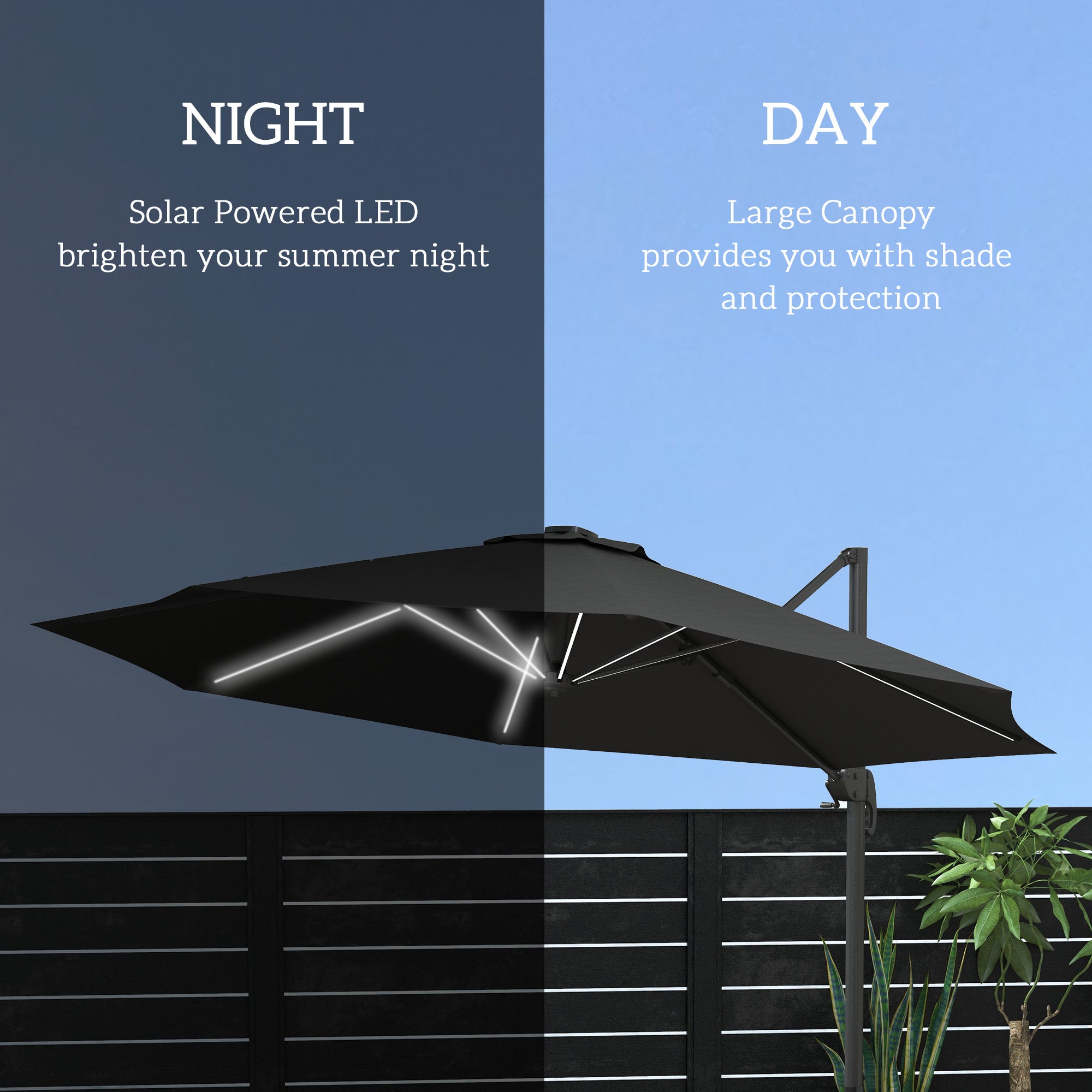 3(m) Adjustable Cantilever Parasol with Base, Solar LED Lights, Dark Grey