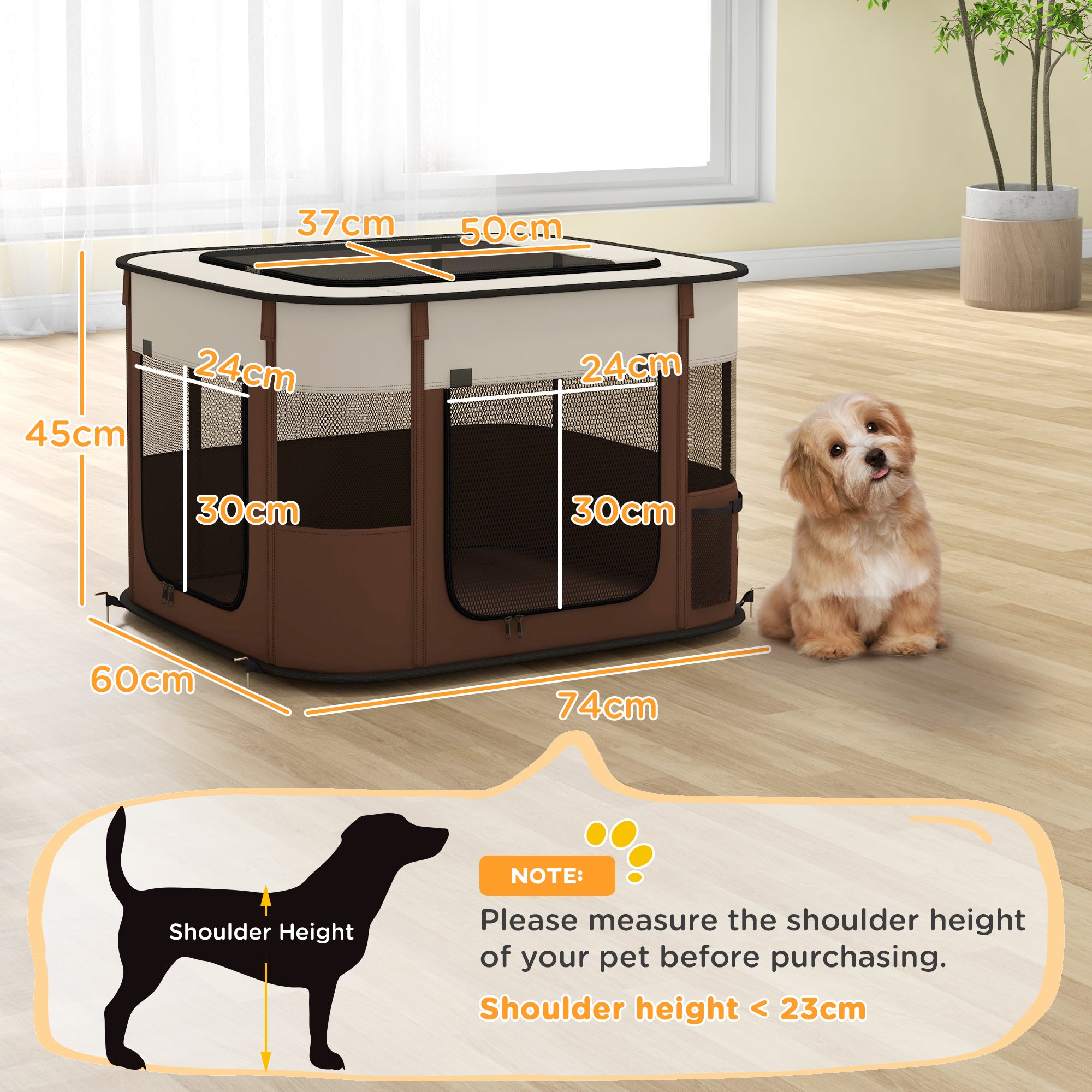Foldable Dog Pen with Storage Bag for Indoor/Outdoor Use, Portable Pet playpen, with Ground Stakes - Brown