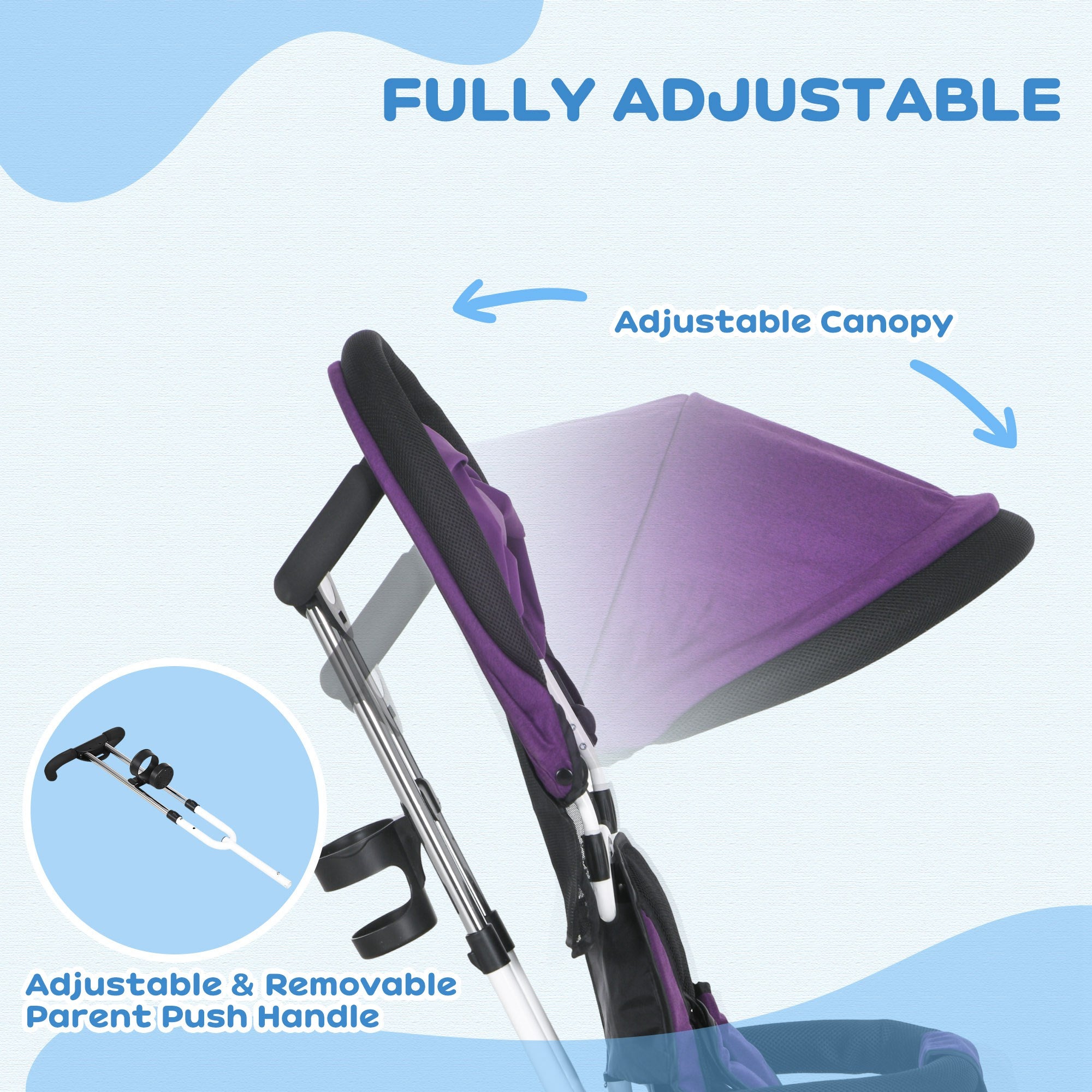 6 in 1 Kids Trike Push Bike w/ Push Handle, Canopy, 5-point Safety Belt, Storage, Footrest, Brake, for 1-5 Years, Purple