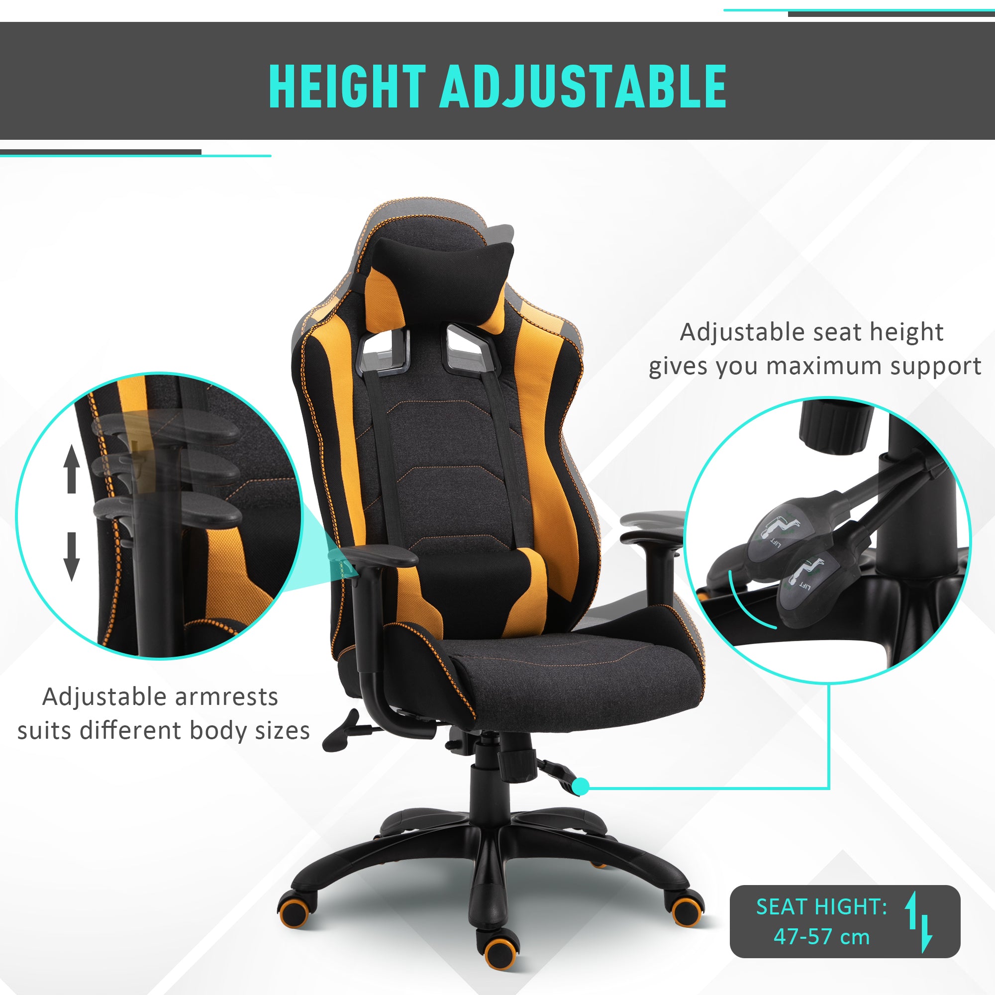 Polyester Ergonomic Gaming Chair w/ Adjustable Pillow Orange