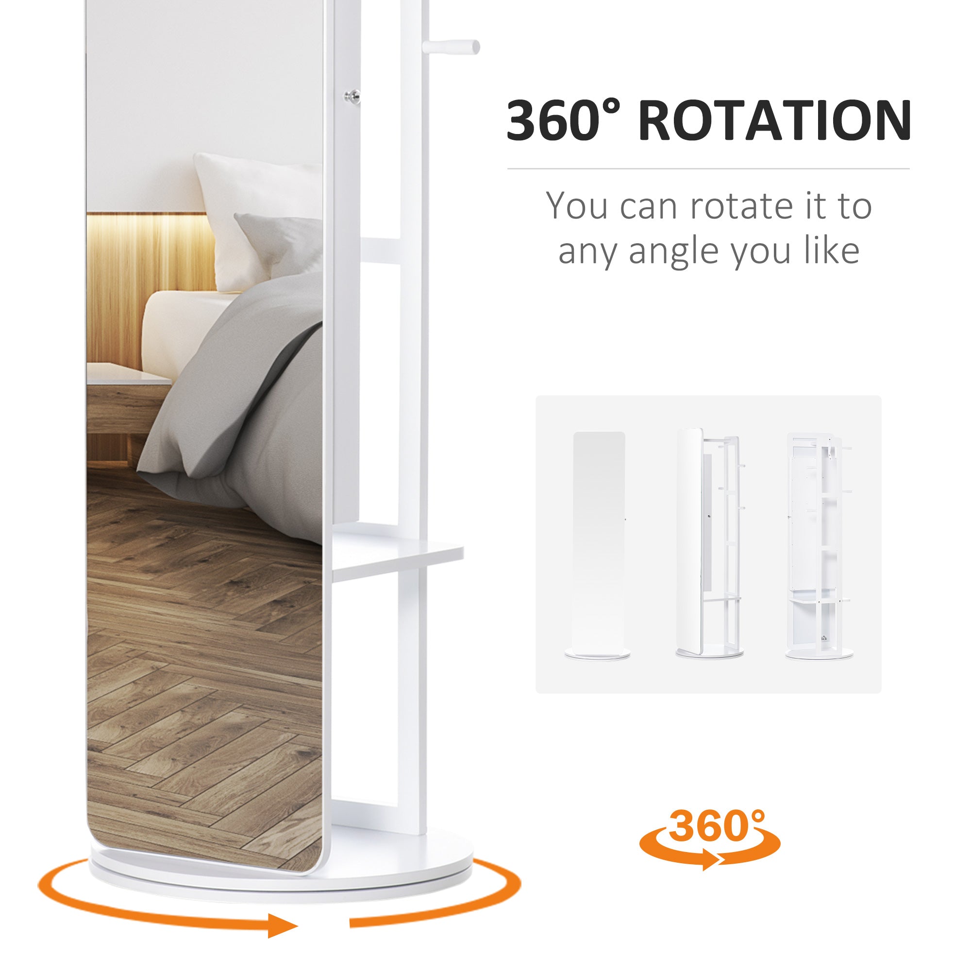 Full Length Mirror W/ Jewelry Cabinet Coat Rack, 360° Rotate White