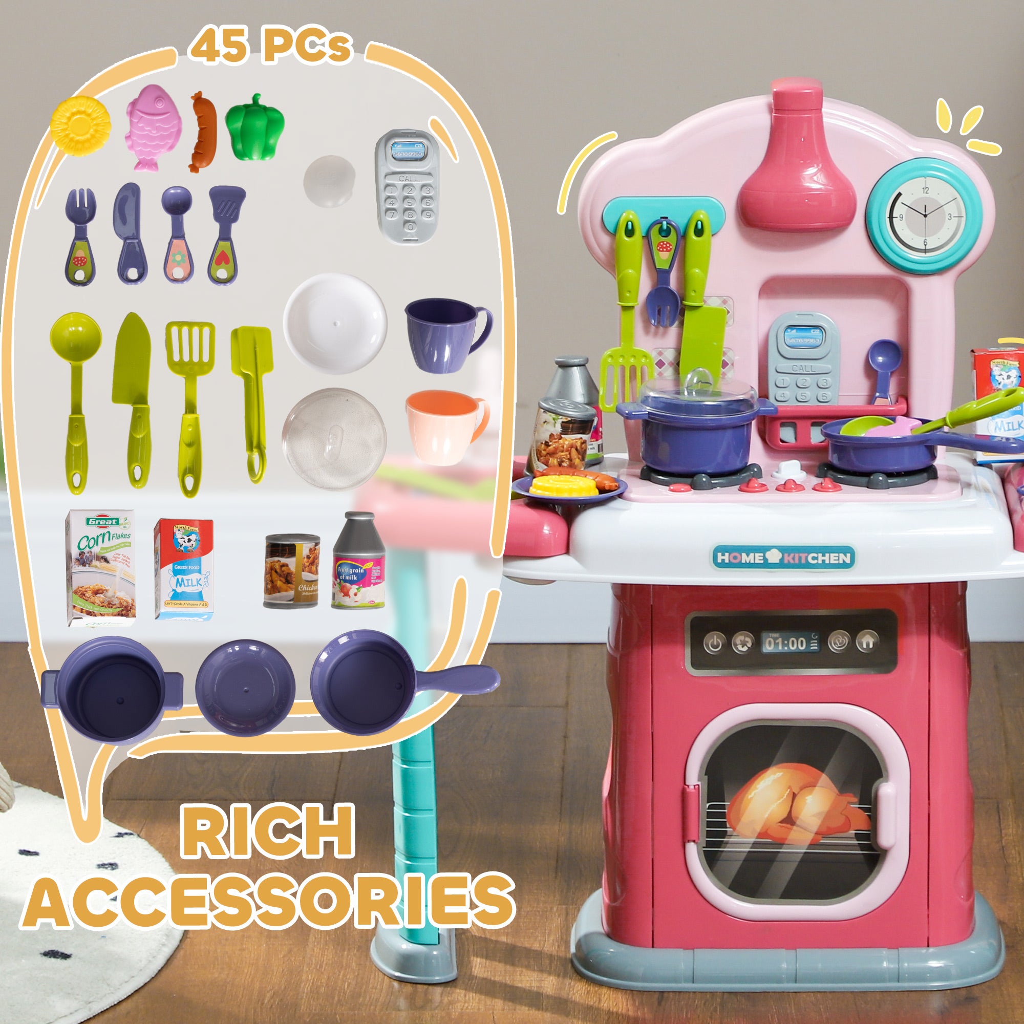 45-Piece Kids Kitchen, Toy Kitchen, with Rotating Side Tables, Lights, Sound Spray