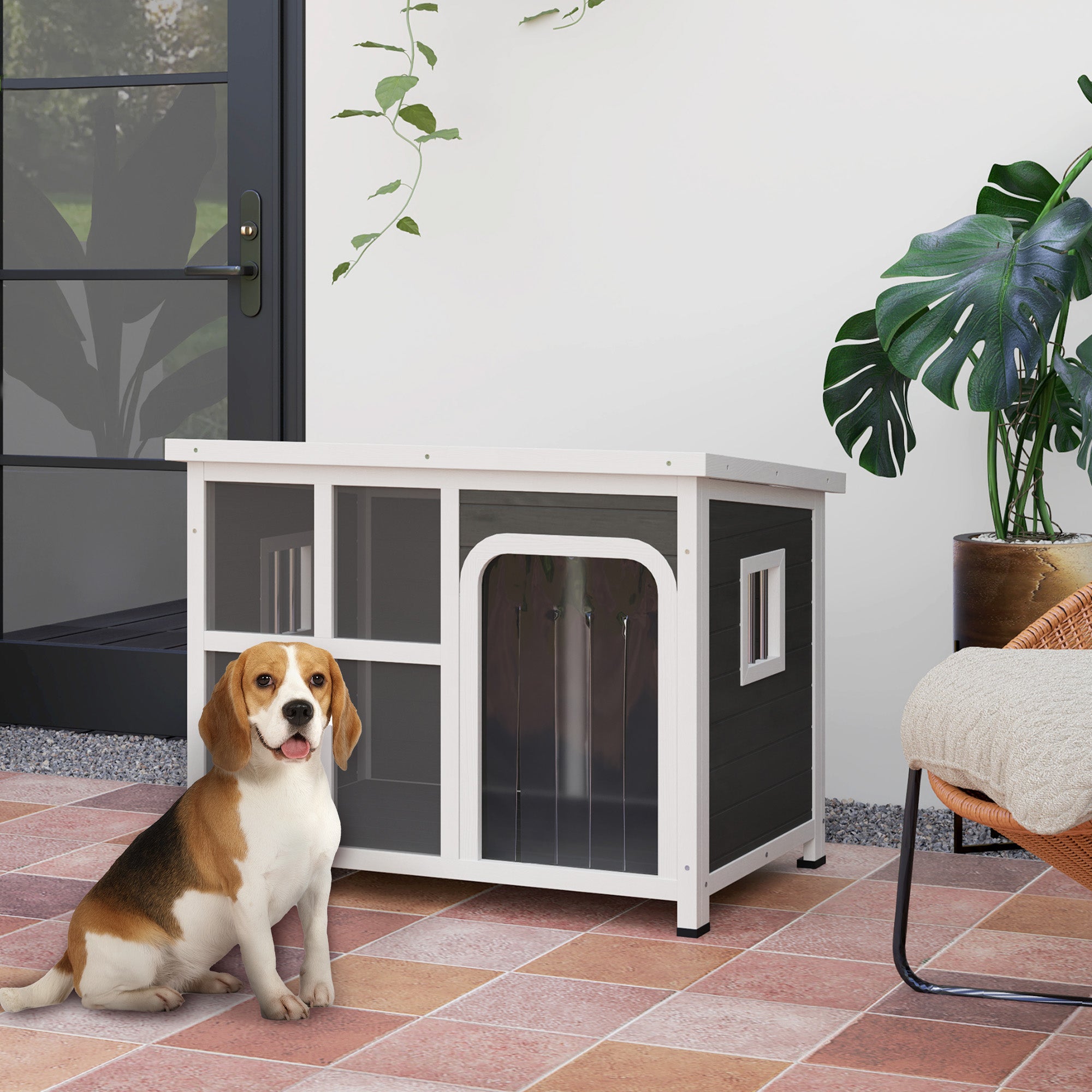 Wooden Dog House Outdoor with Asphalt Openable Top, Removable Floor, Clear Front Panel, Curtain, 90 x 62 x 71cm