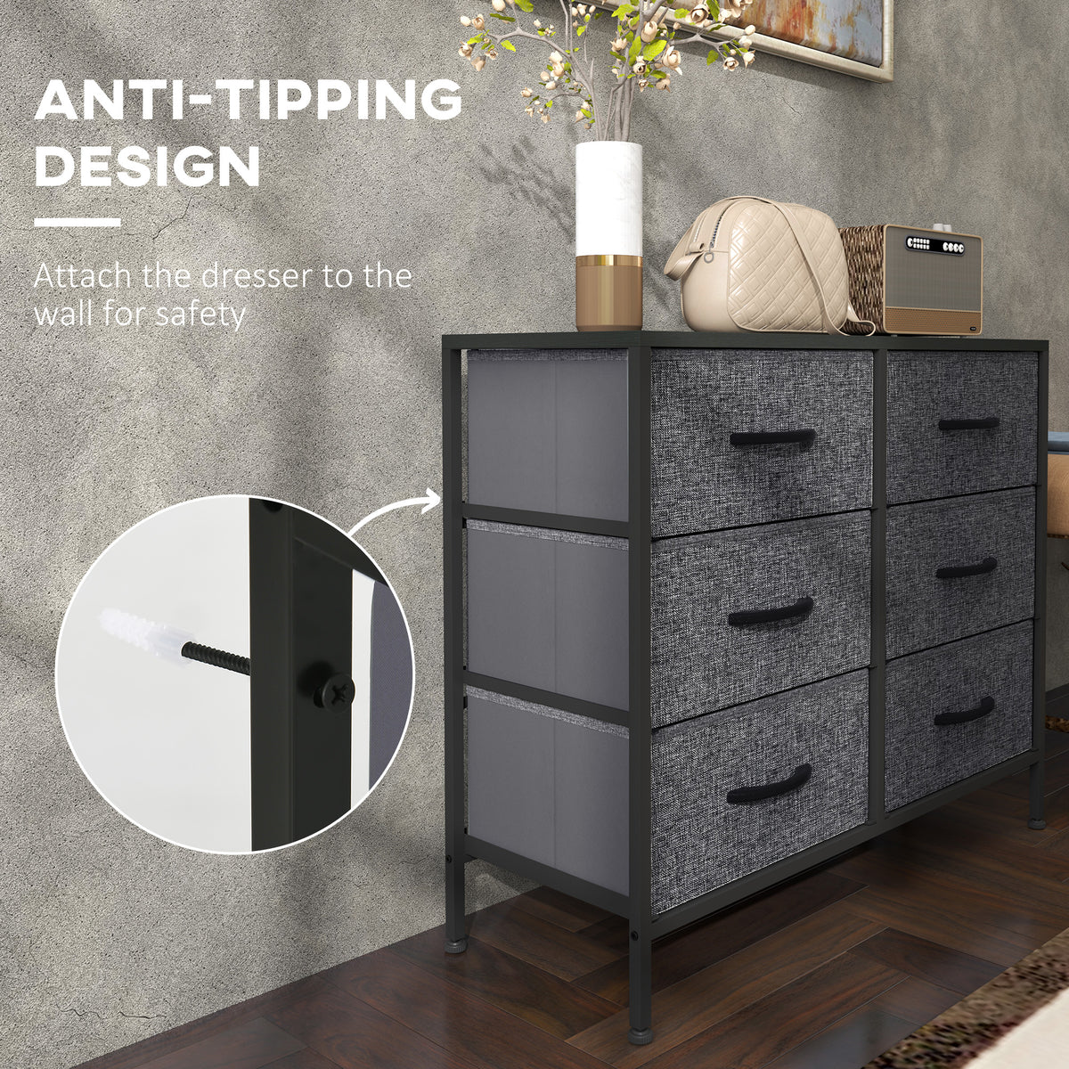Industrial Fabric Chest of Drawers with 6 Storage Drawers, Steel Frame & Wooden Top - Black