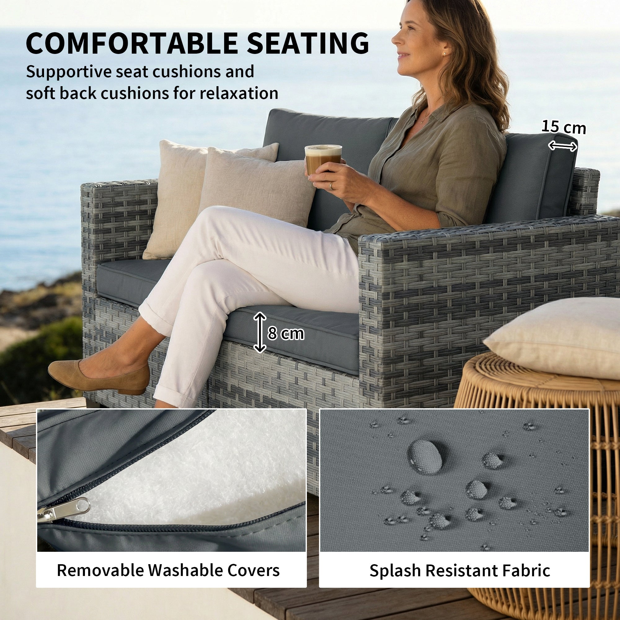 2 Seater Rattan Sofa, Outdoor Garden Sofa with Deep Seat, Cushions, Wide Armrests for Patio, Balcony, Porch, Mixed Grey