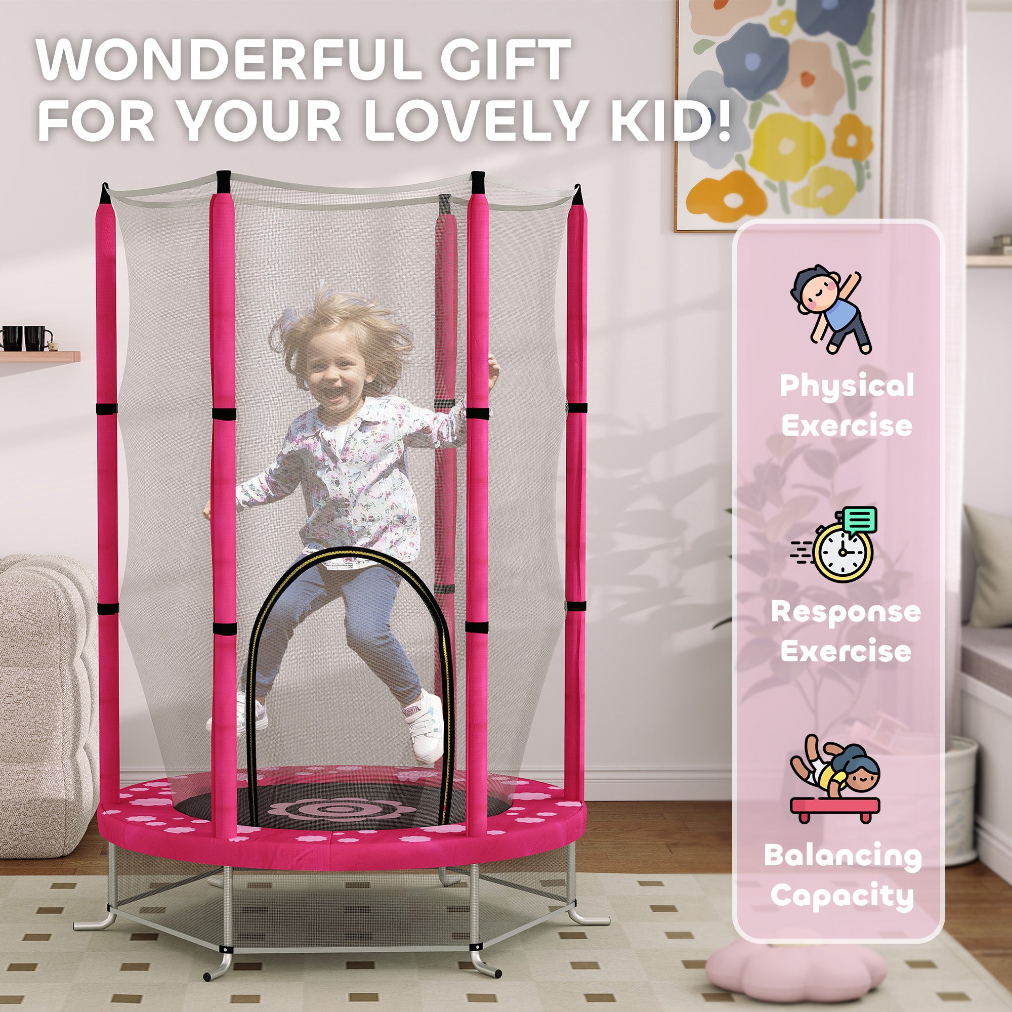 4.6FT Toddler Trampoline w/ Safety Enclosure Net, for Indoor Outdoor Use, Ages 3-6 Years, Sun Pattern - Pink