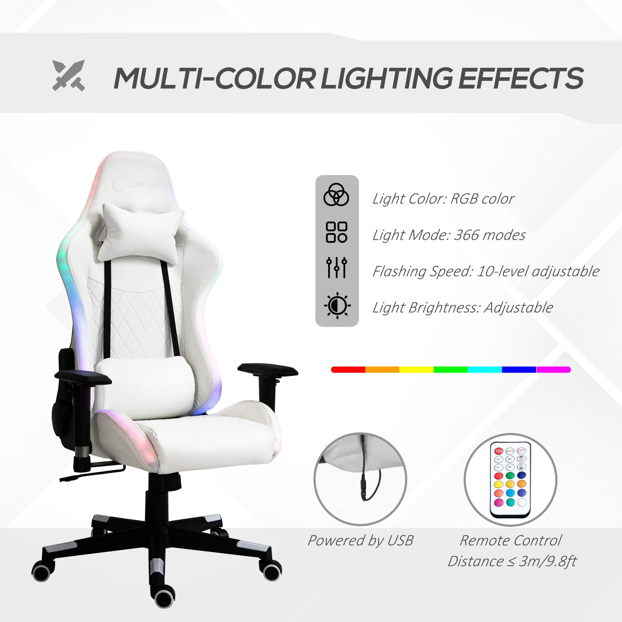 Gaming Chair with RGB LED Light, 2D Arm, Lumbar Support, Height Adjustable Swivel Office Computer Recliner, Racing Gamer Desk Chair for Home, White