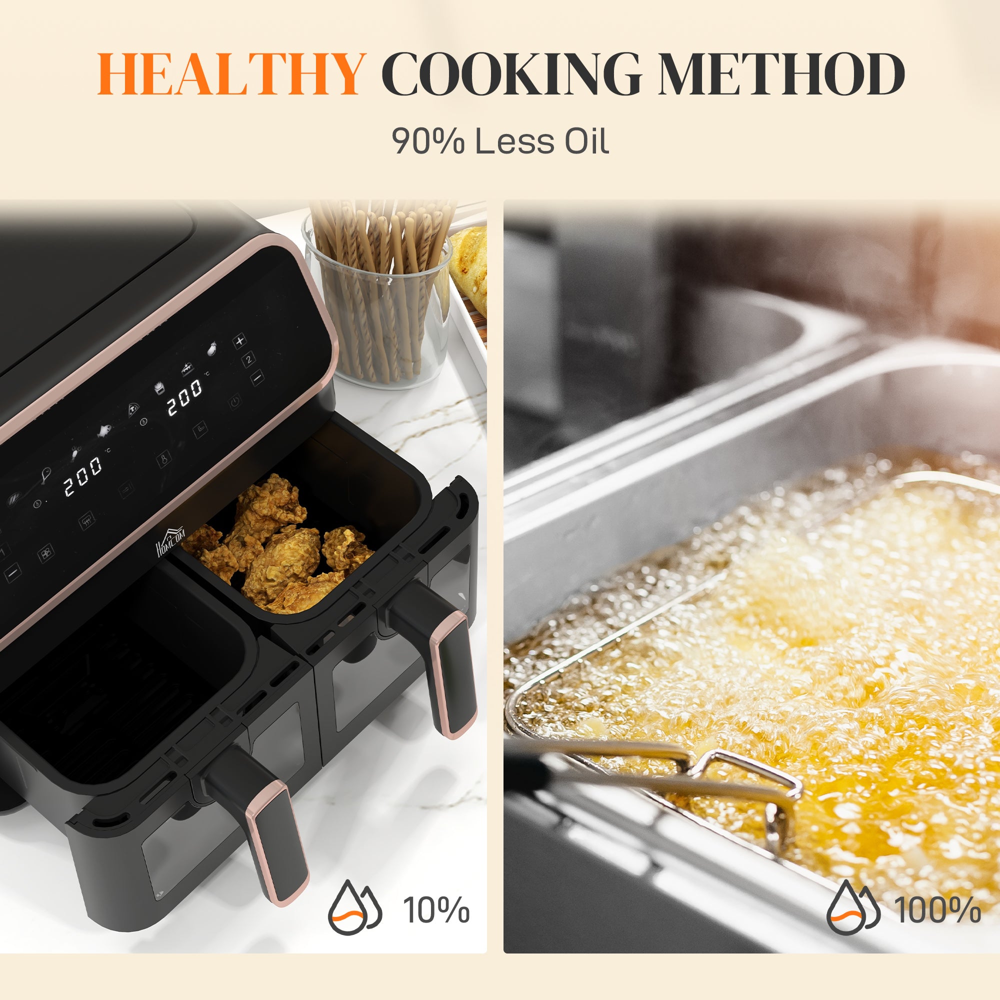 8L Dual Basket Air Fryer, 80-200„ƒ, with Sync Function - Black/Gold Tone