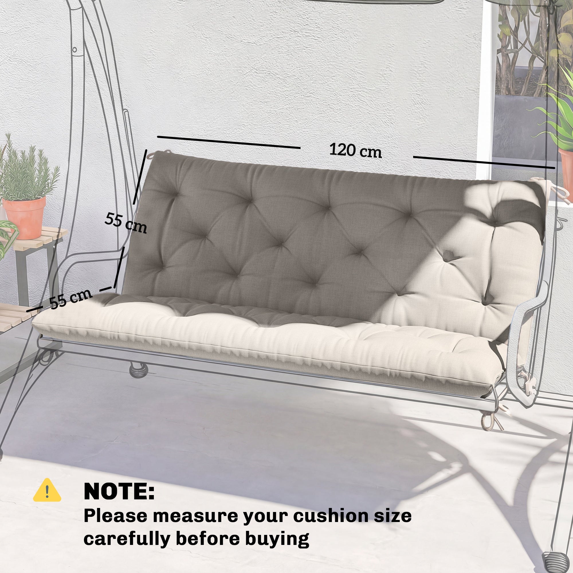 Garden Bench Cushion, 2 Seater Swing Chair Cushion, Seat Pad with Ties for Indoor and Outdoor Use, 110 x 120 cm