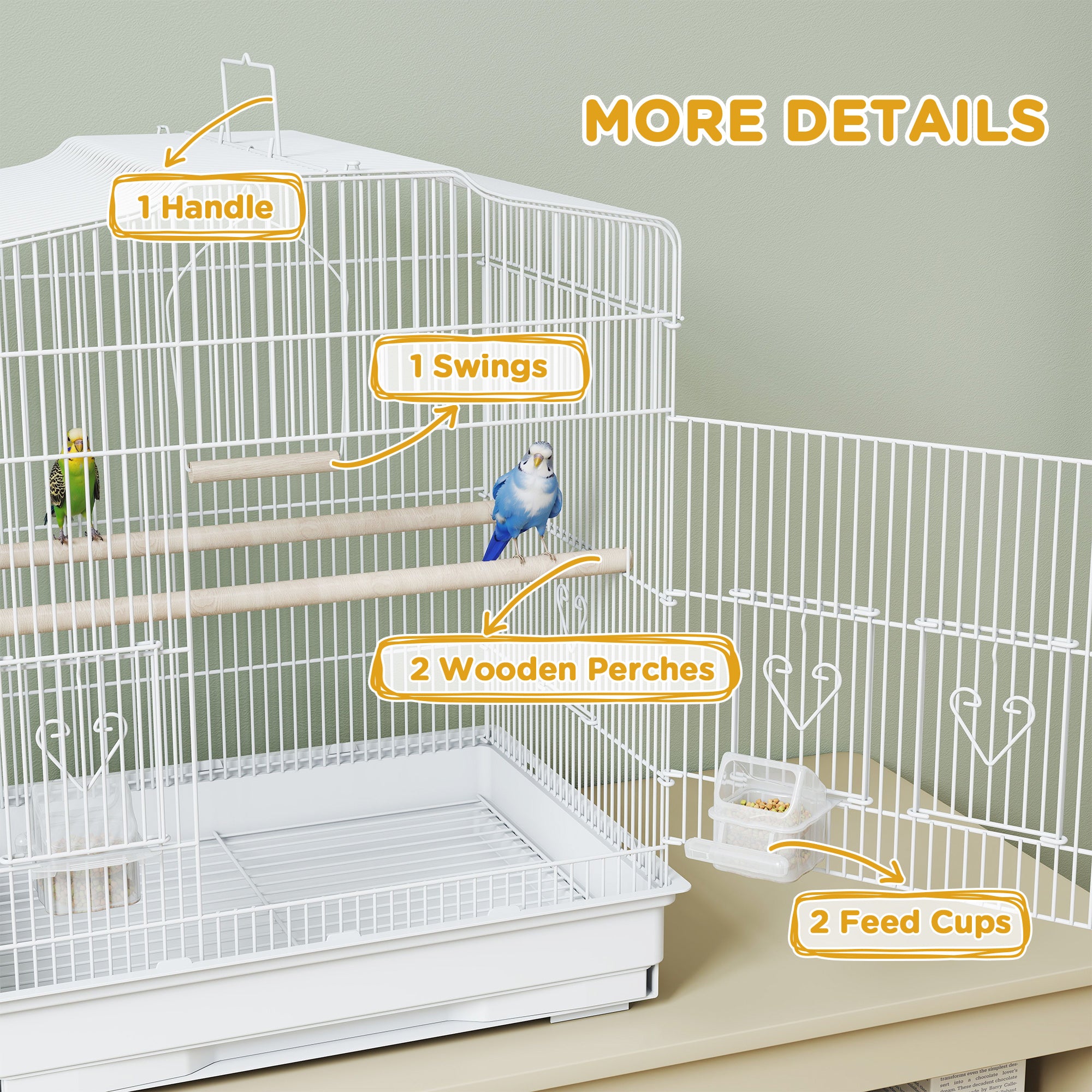 Large Metal Bird Cage with Perches, Food Bowls, Swing, for Budgies, Parakeets, White