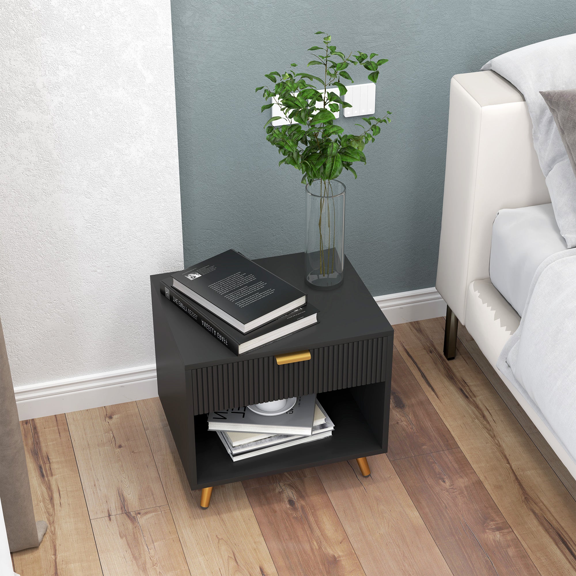 Elegant Bedside Table, with Drawer and Shelf - Black/Gold Tone