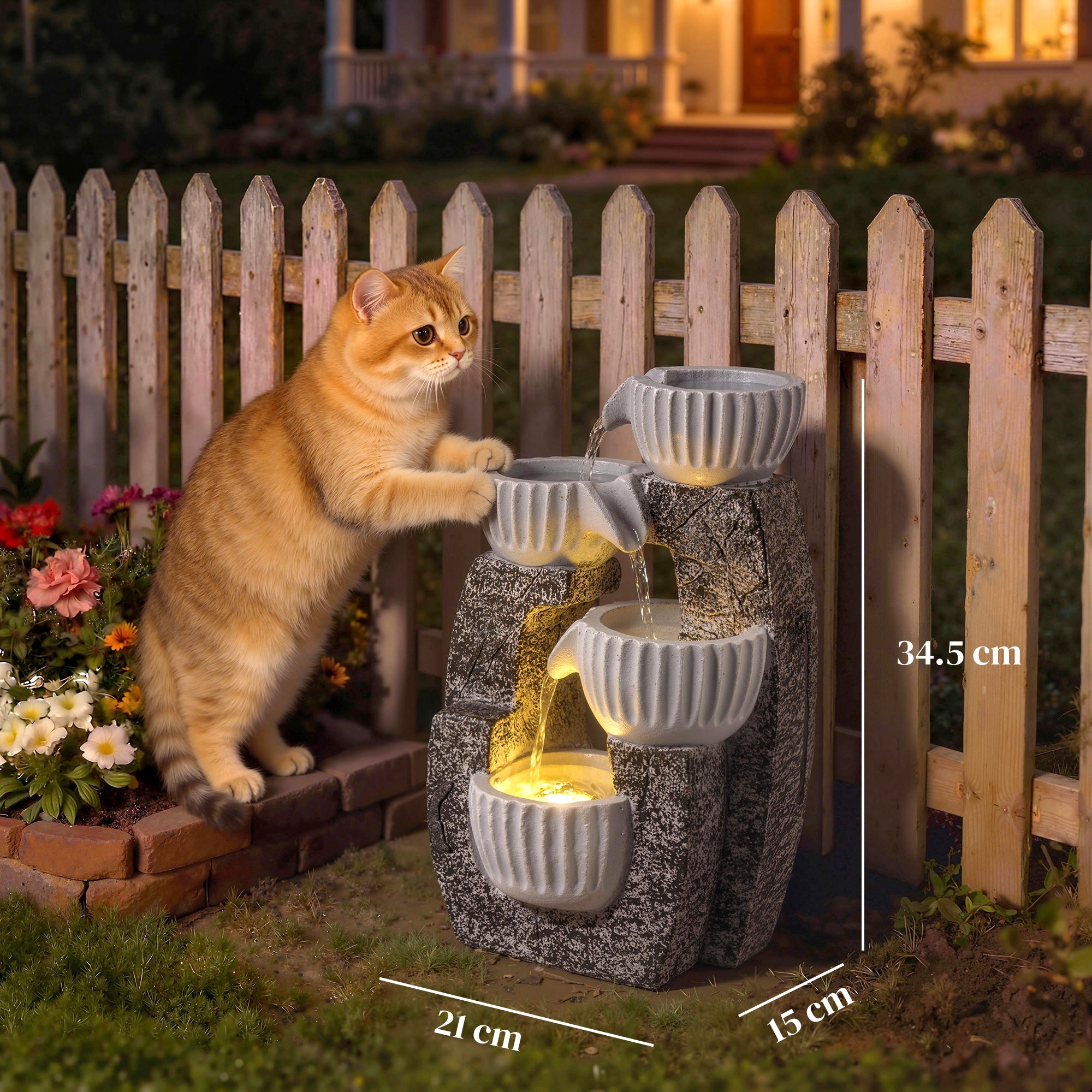 4-Tier Bowl Water Feature, Indoor Outdoor Garden Water Fountain with Pump and LED Lights, Resin Cascading Waterfall