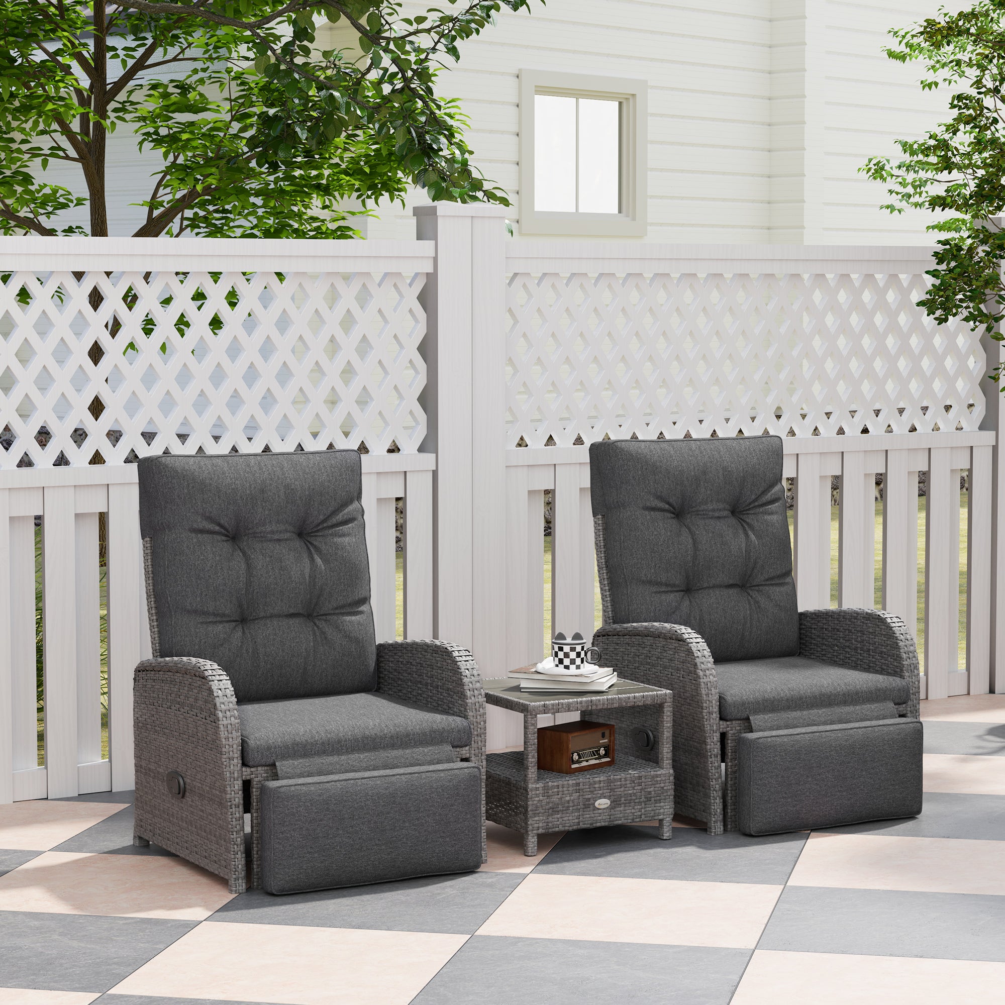 2 Seater Patio Rattan Wicker Chaise Lounge Sofa Set with Cushions and Coffee Table - Grey