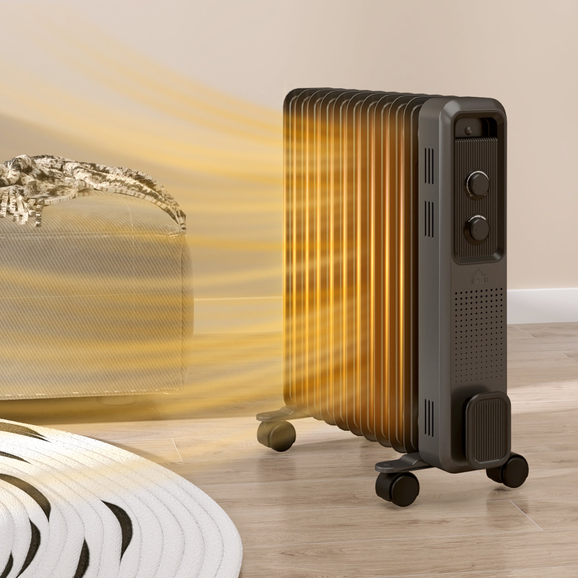 2500W Oil Filled Radiator, 11 Fin, Portable Electric Heater with 3 Heat Settings, Safety Cut-Off and Wheels, Grey