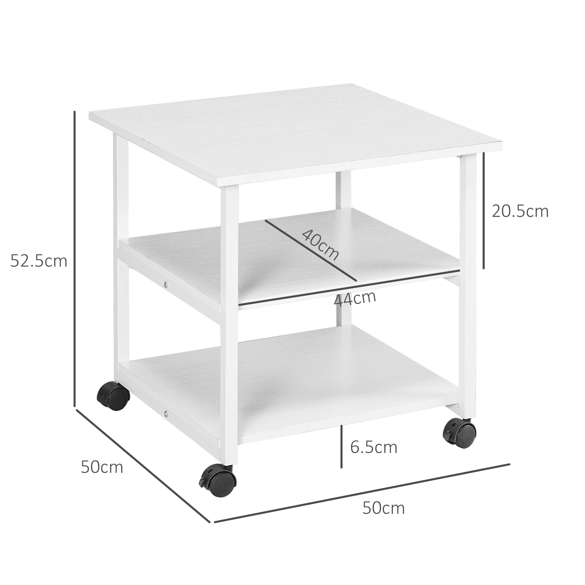 Three-Tier Steel Printer Stand, with Wheels - White