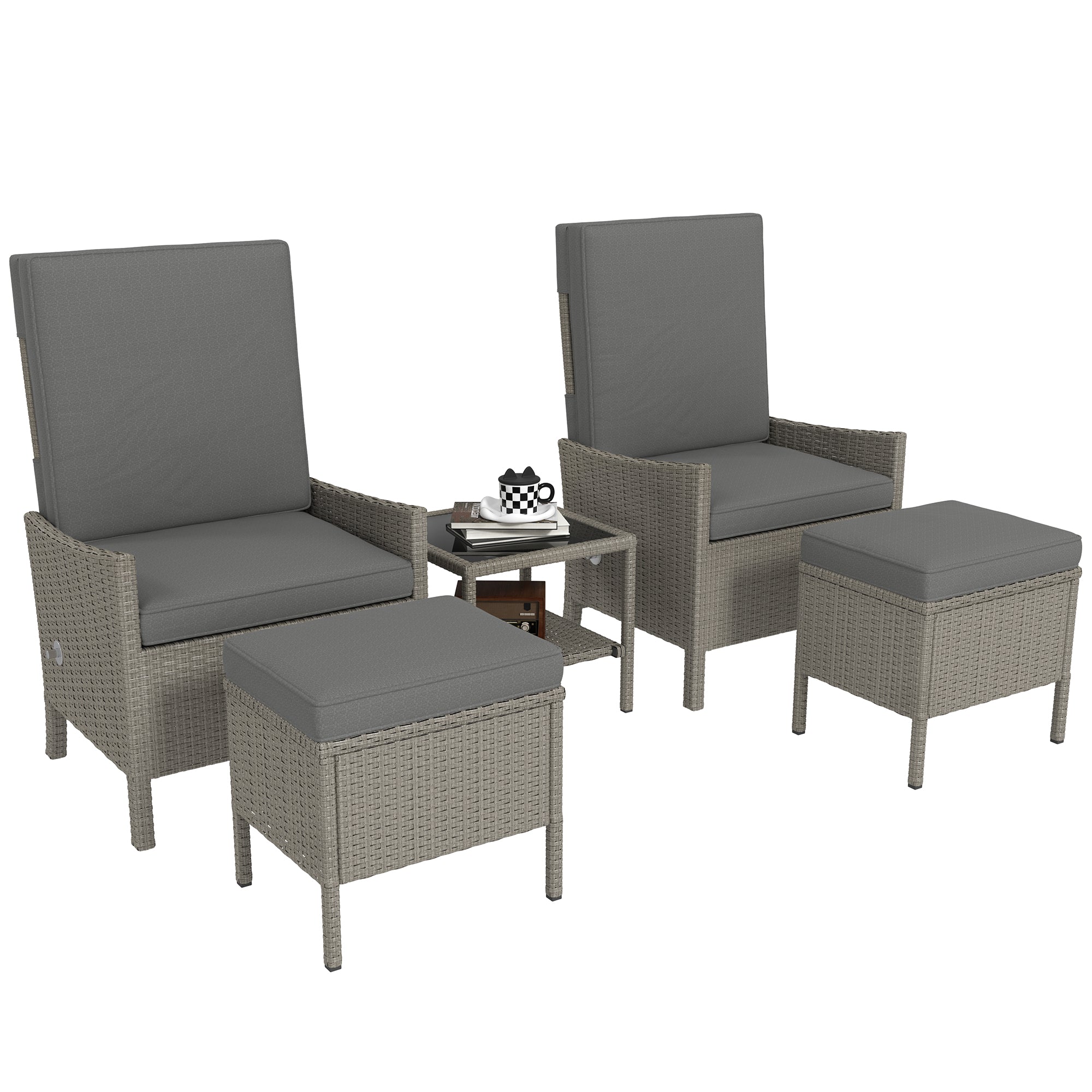 5 Piece Rattan Garden Furniture Set with Adjustable Backrests - Dark Grey