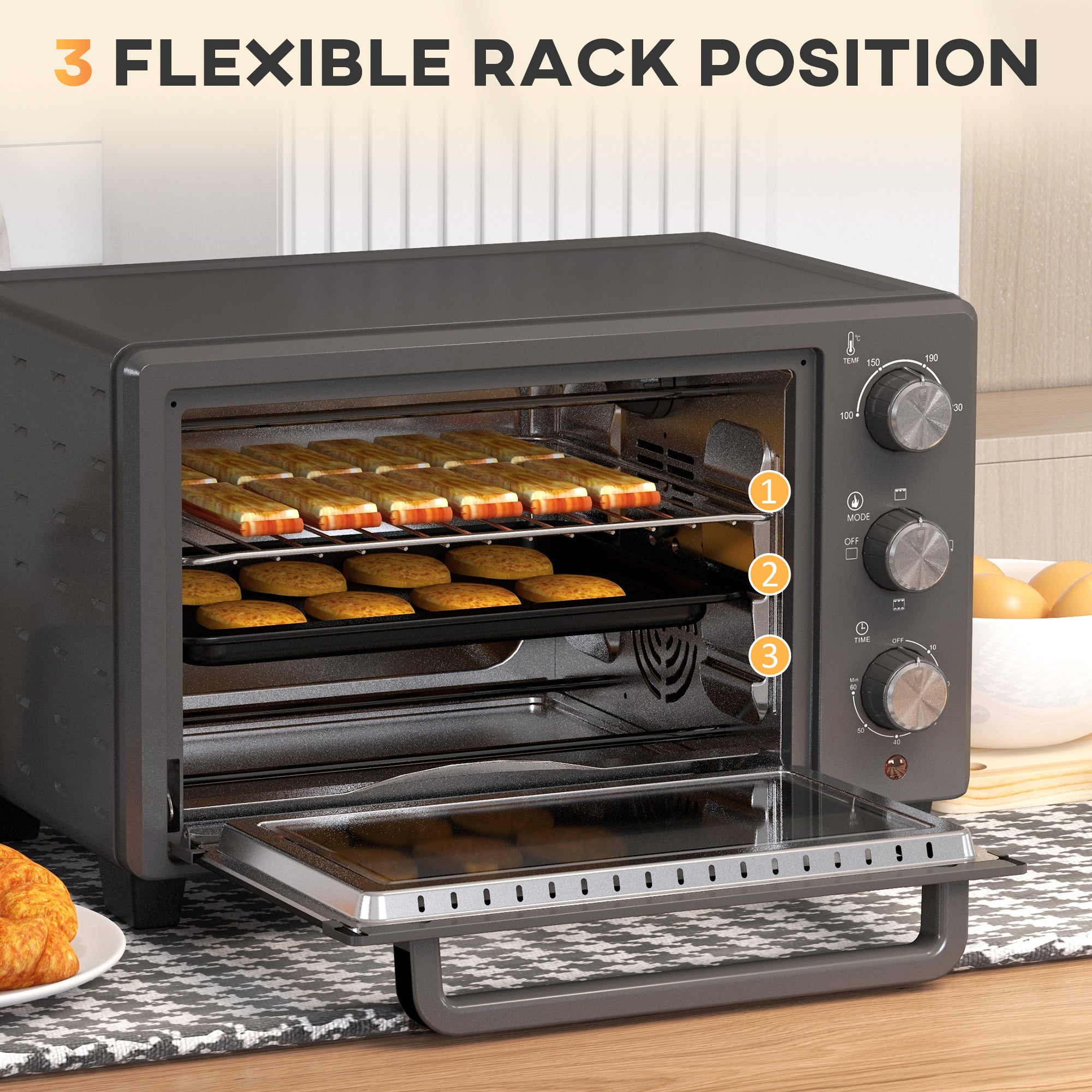 Mini Oven, 21L Countertop Electric Grill, Toaster Oven with Adjustable Temperature, Timer, Baking Tray and Wire Rack, 1400W, Grey