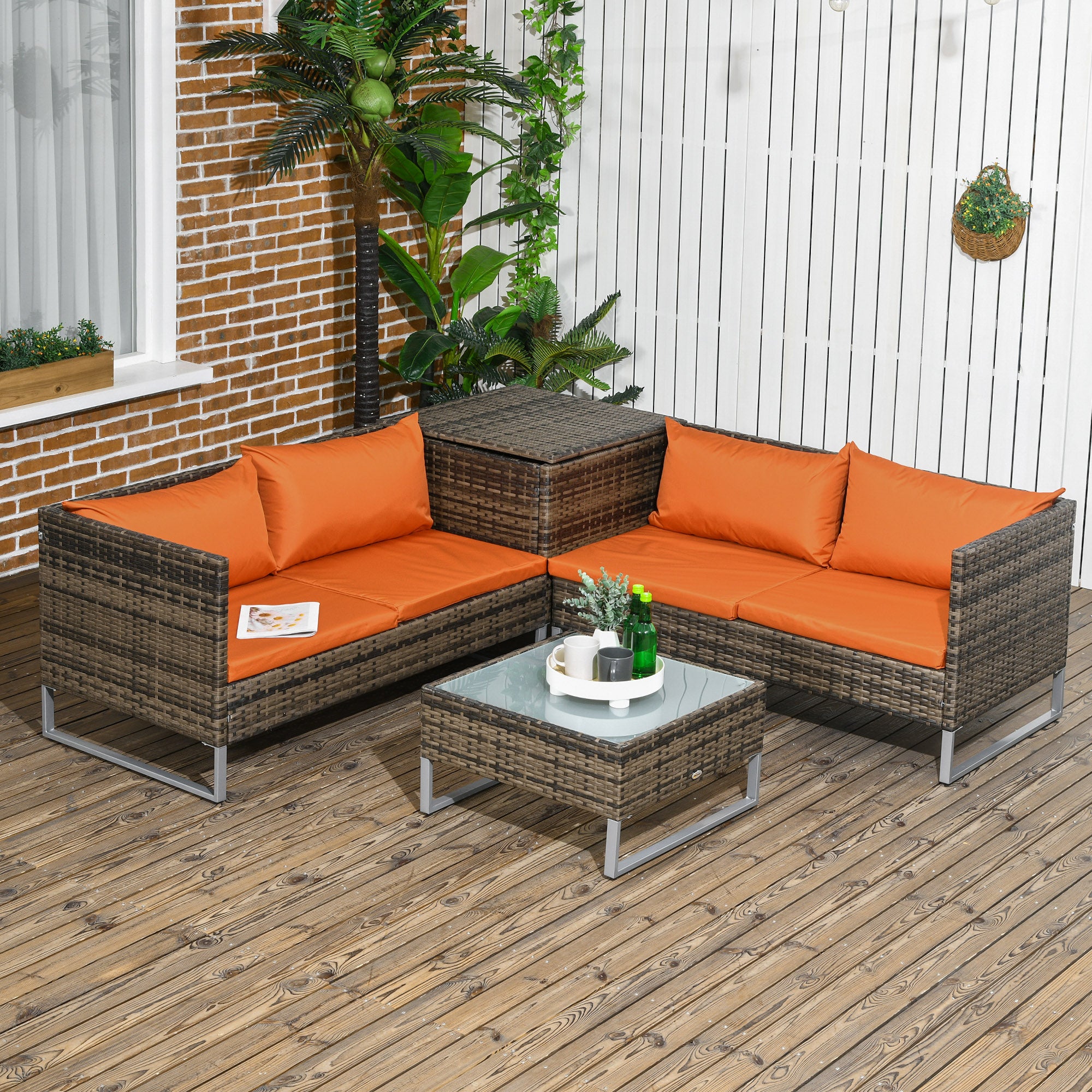 Four-Piece Rattan Sofa Set, with Storage Table - Orange/Brown