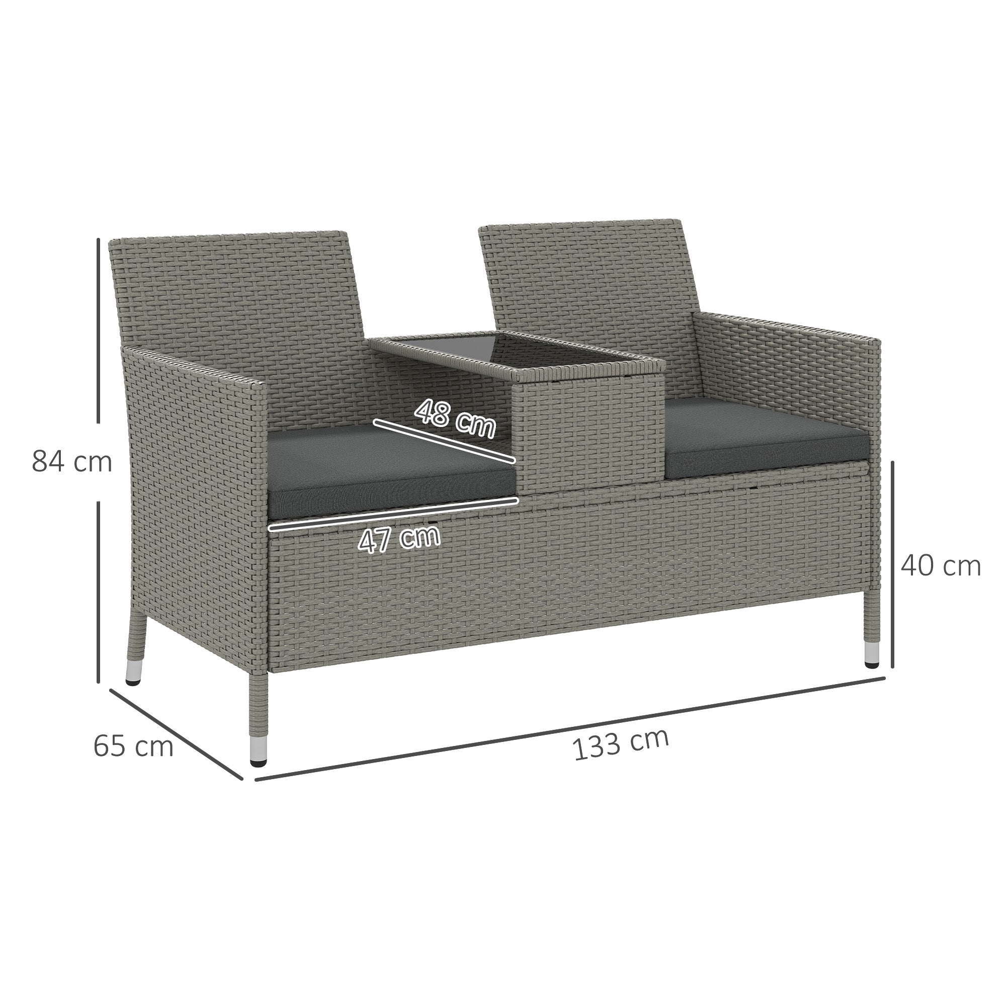 2-Seater PE Rattan Outdoor Garden Bench w/ Centre Table Grey