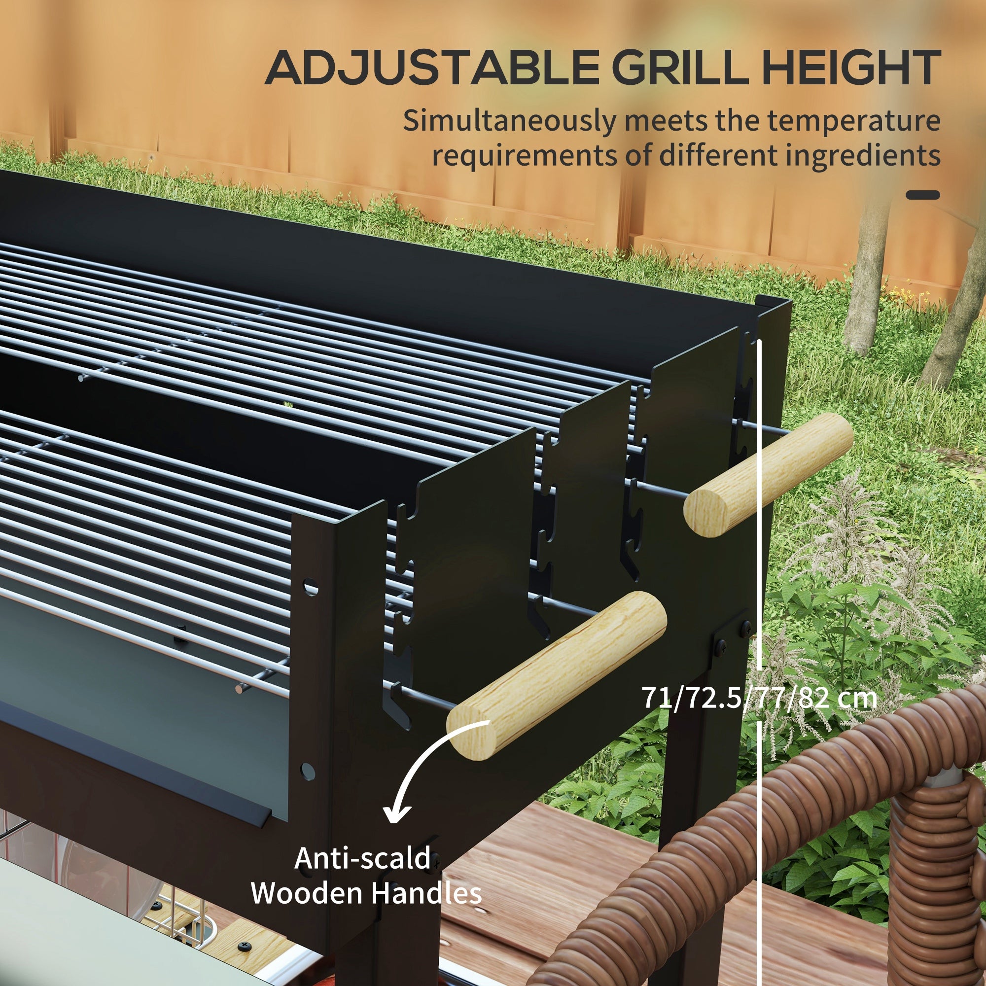 Charcoal BBQ Grill, Barbecue Trolley with Double Adjustable Grill, Side Table, Storage Shelf and Wheels for Outdoor Garden Party Cooking, Black