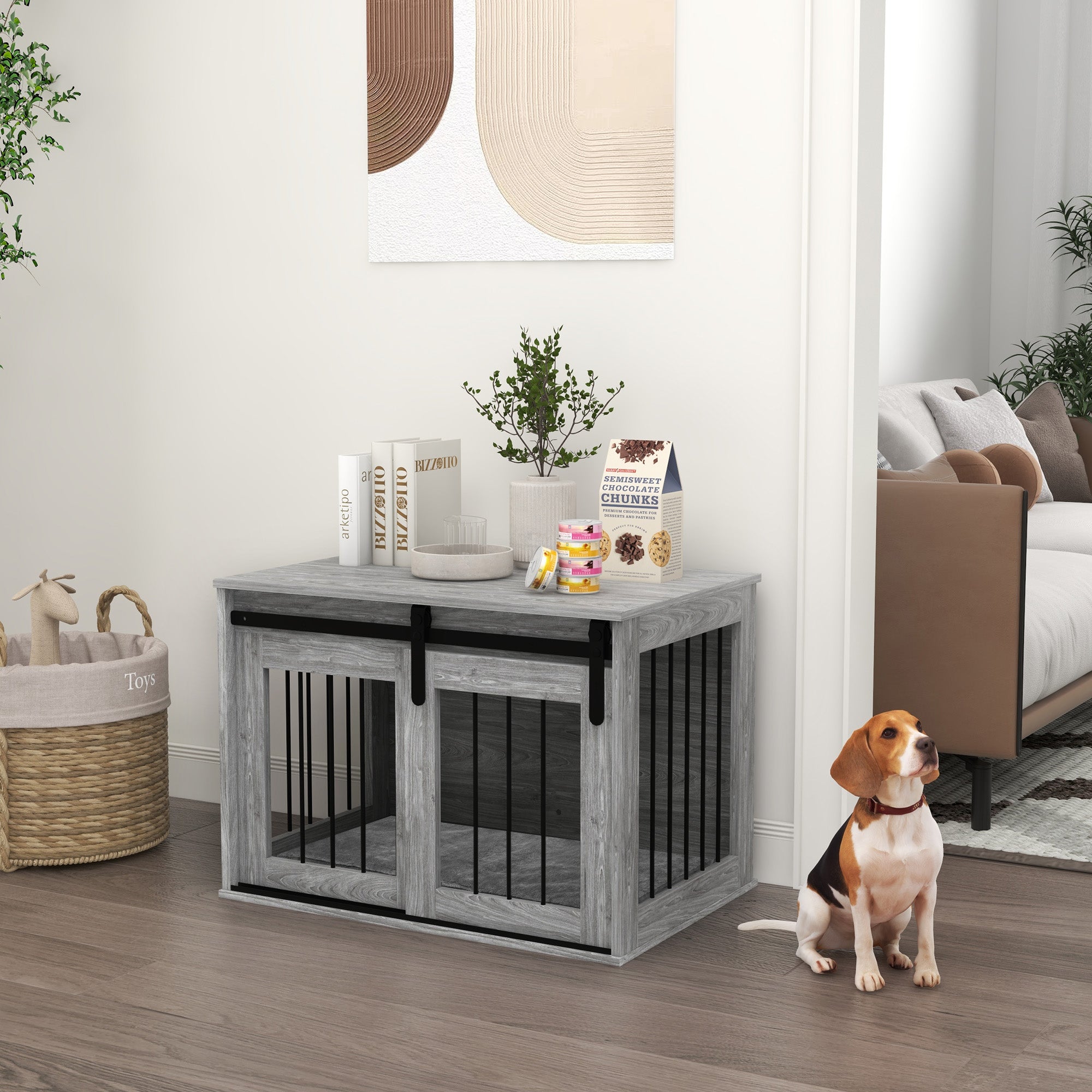 80cm Dog Crate Furniture with Removable Cushion for Large Dogs- Grey