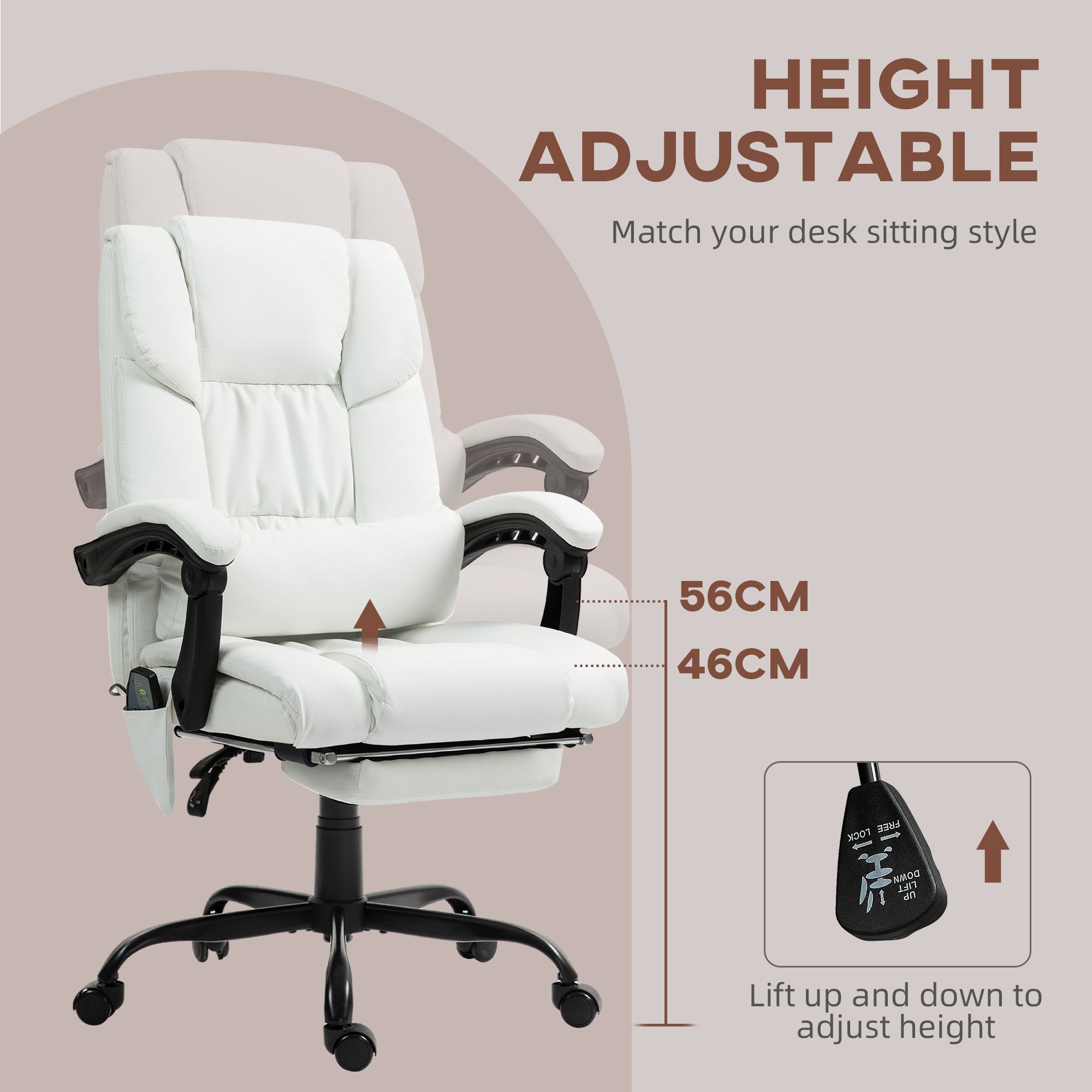 6-Point Massage Office Chair, PU Leather Desk Chair with Adjustable Height and Footrest for Home Office, White